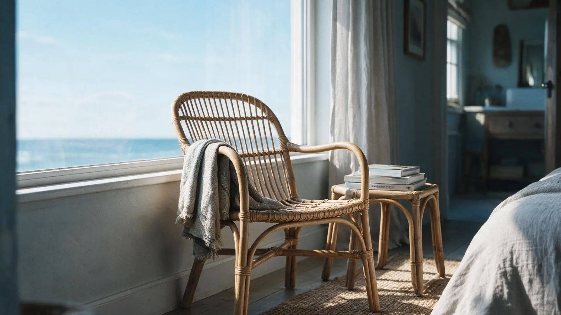 woven rattan armchair with a folded throw blanket beside a large window overlooking the ocean and a small rattan side table