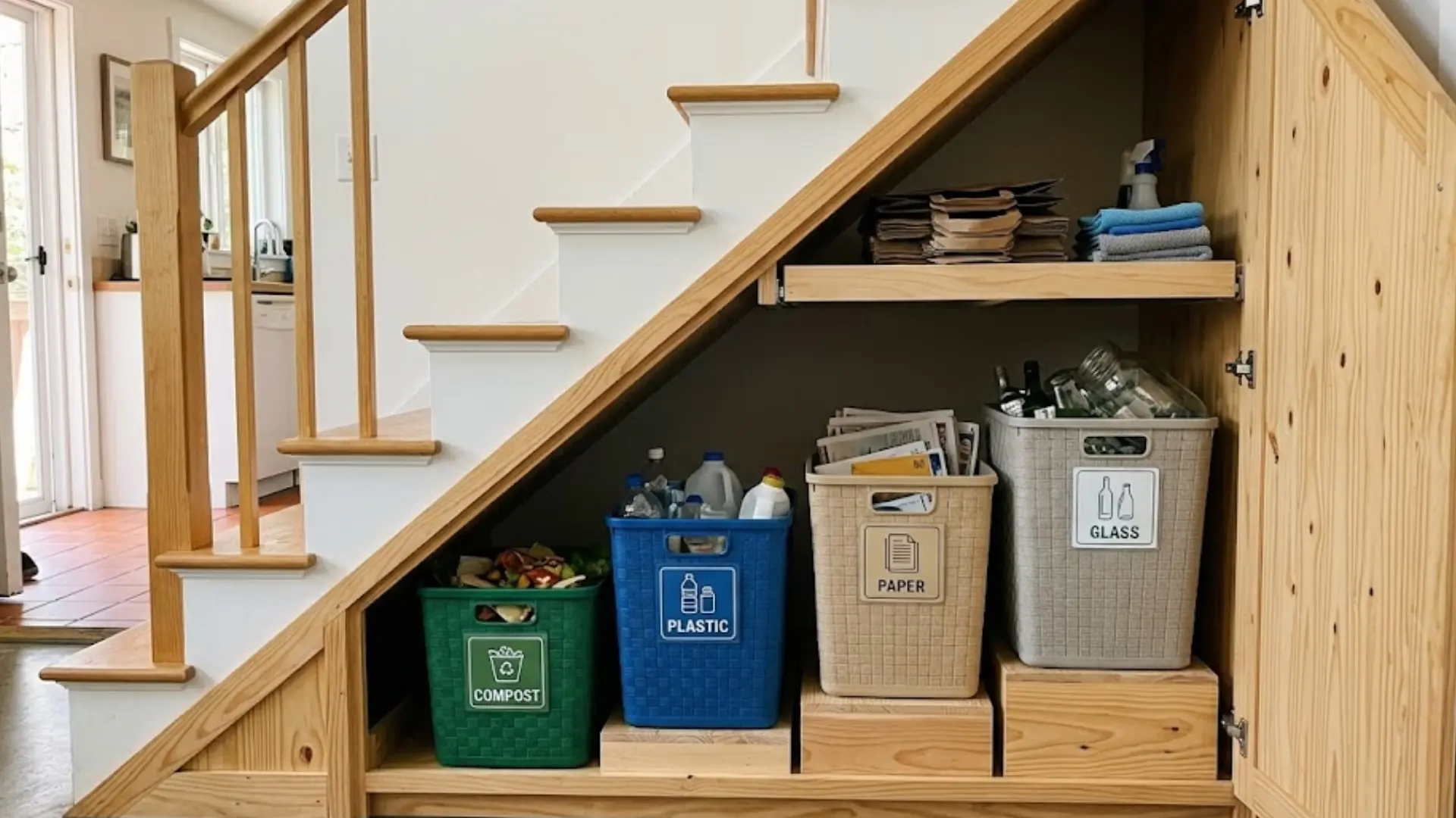 recycling and sorting station under a staircase with labeled compost, plastic, paper, and glass bins