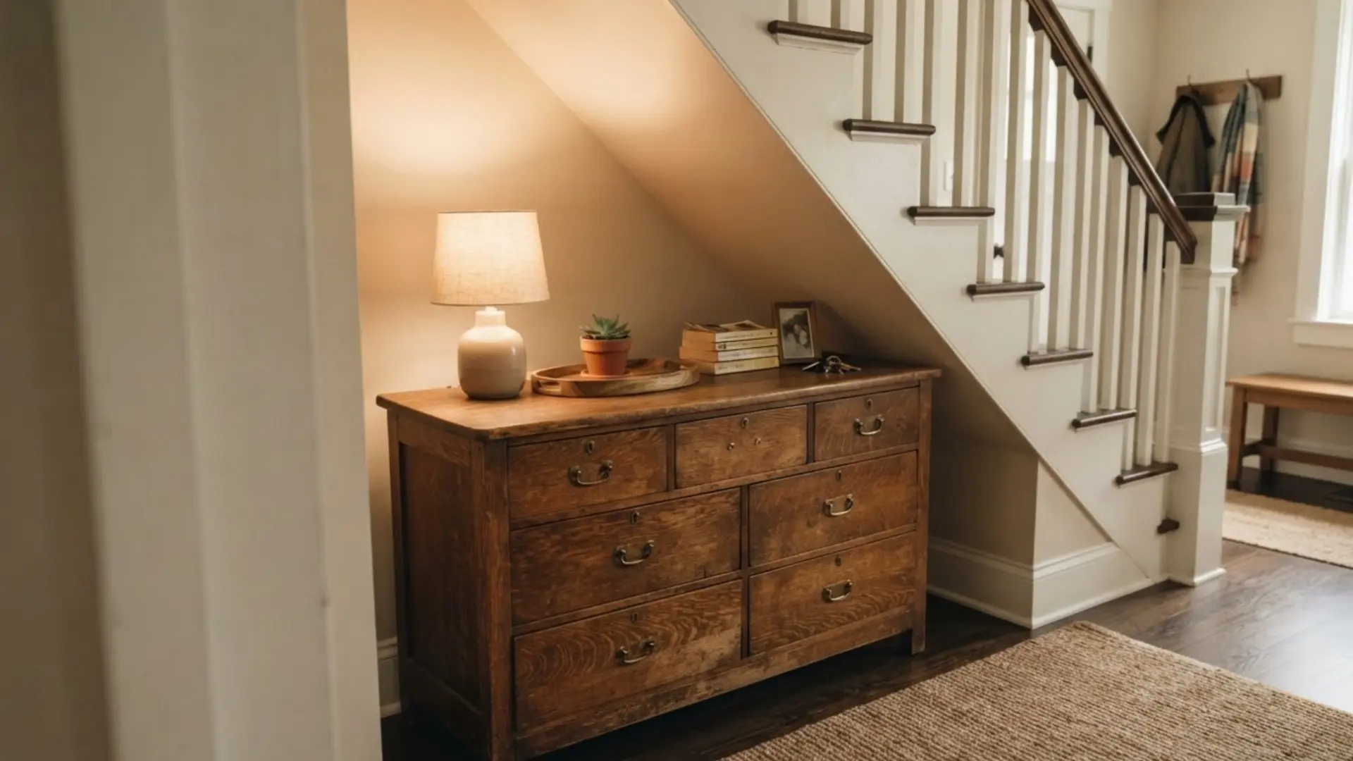 repurposed wooden dresser with a lamp and stacked books tucked into the space under a staircase