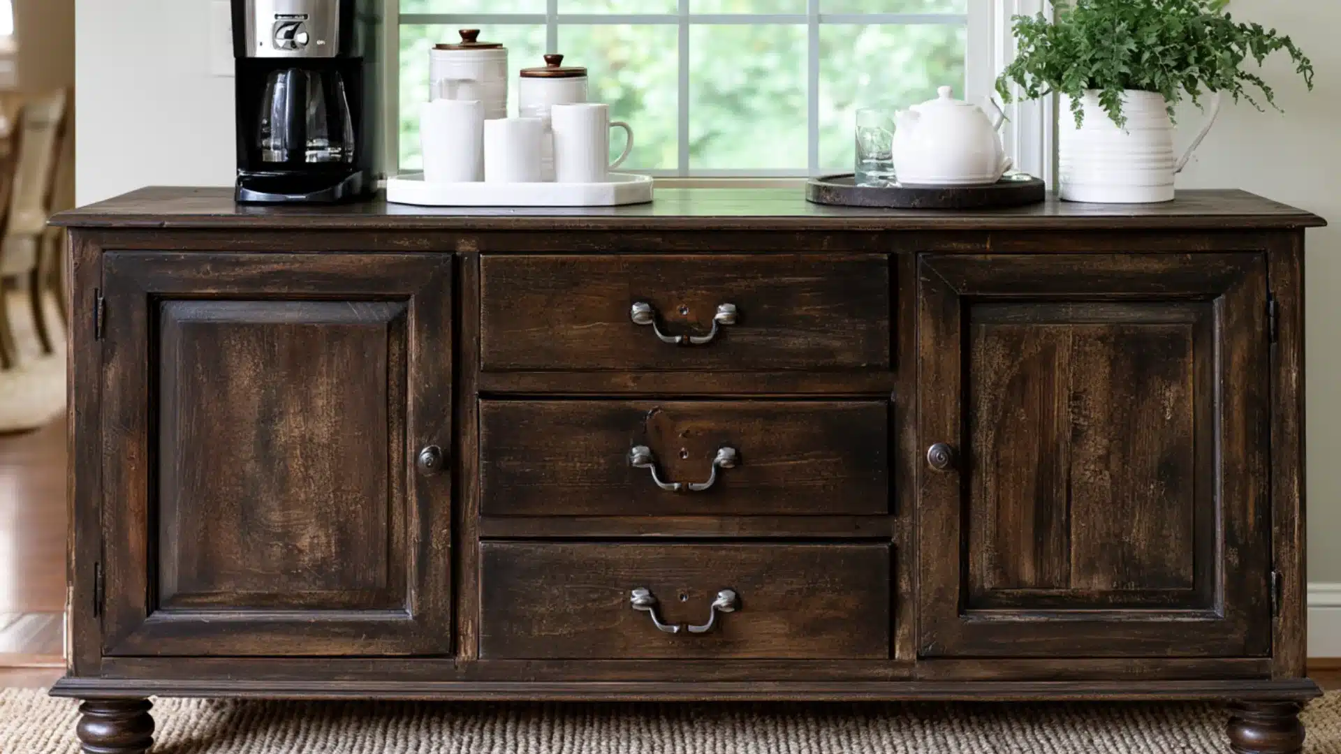 repurposed dark wood sideboard coffee bar with vintage hardware coffee maker mugs teapot and tray by a window