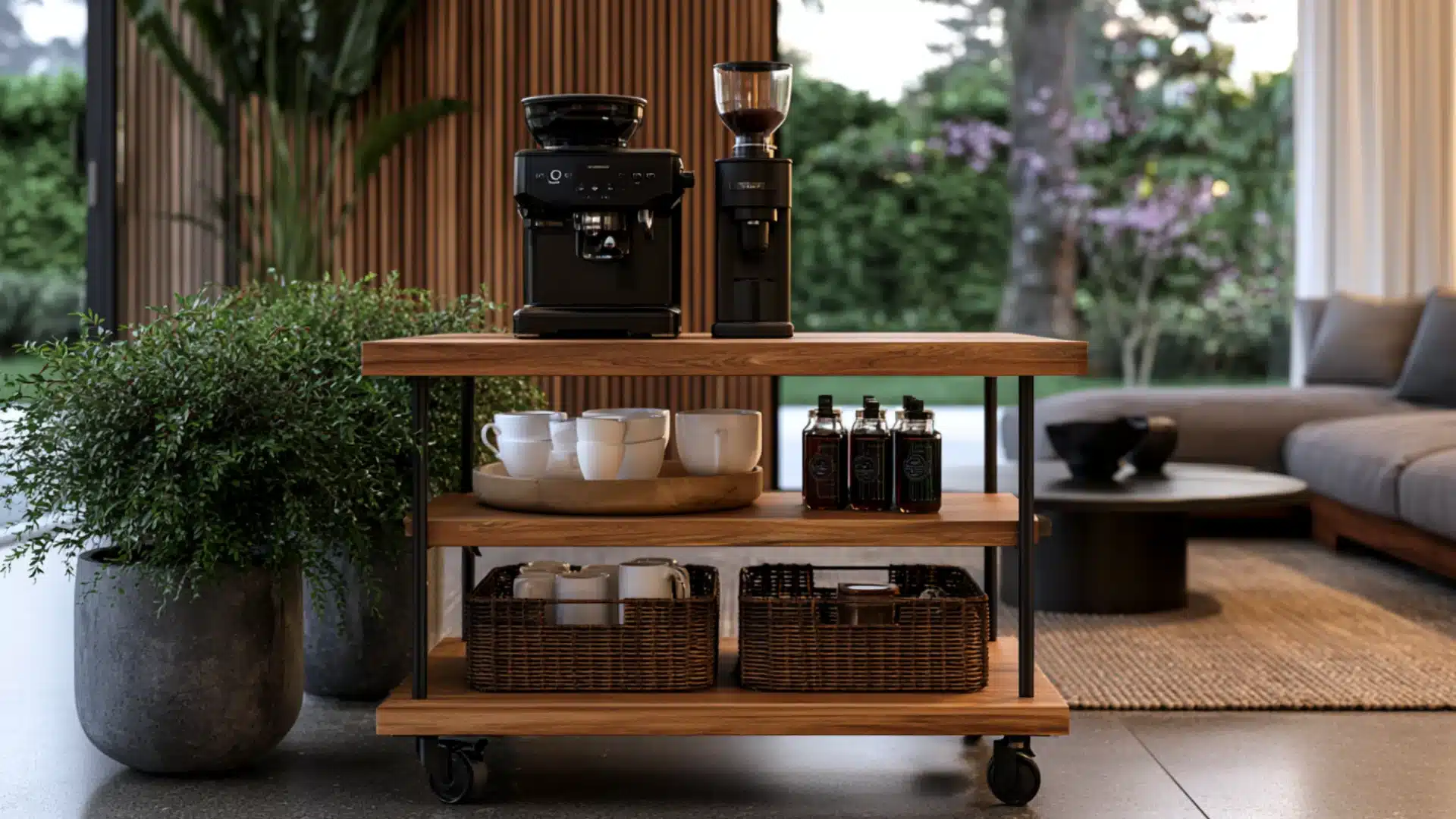rolling coffee cart with baskets and a coffee maker set up as a mobile station in a living room
