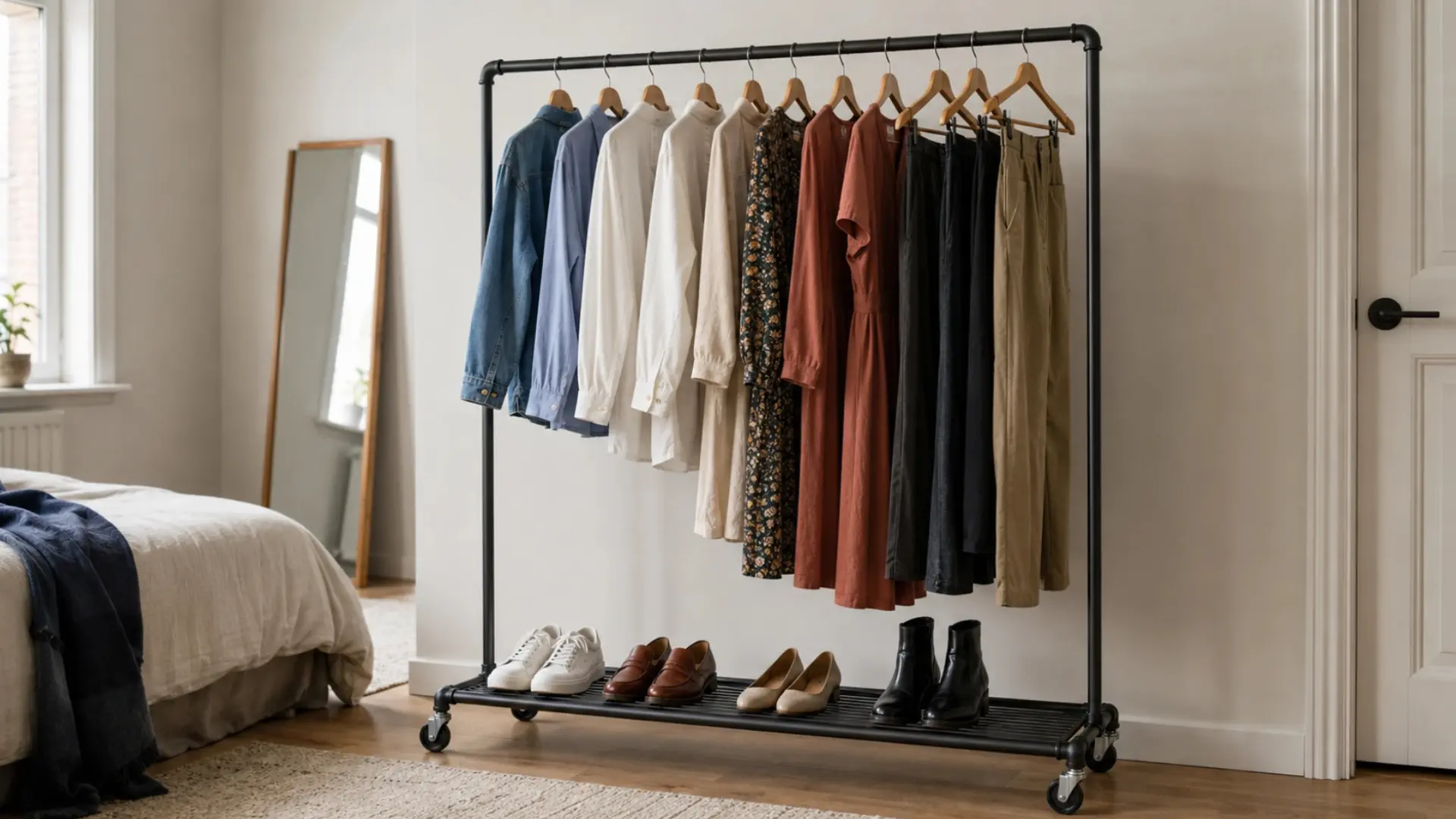 rolling industrial clothing rack with hanging shirts and dresses and a bottom shelf holding several pairs of shoes