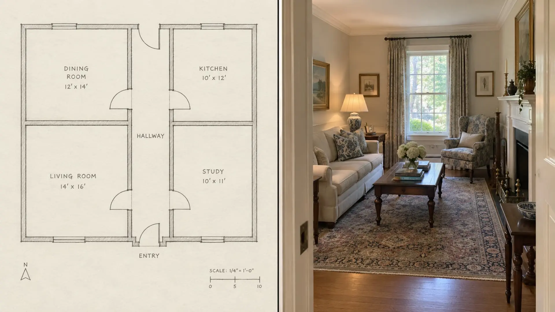 diagram and photo showing a colonial home's enclosed, room-by-room layout