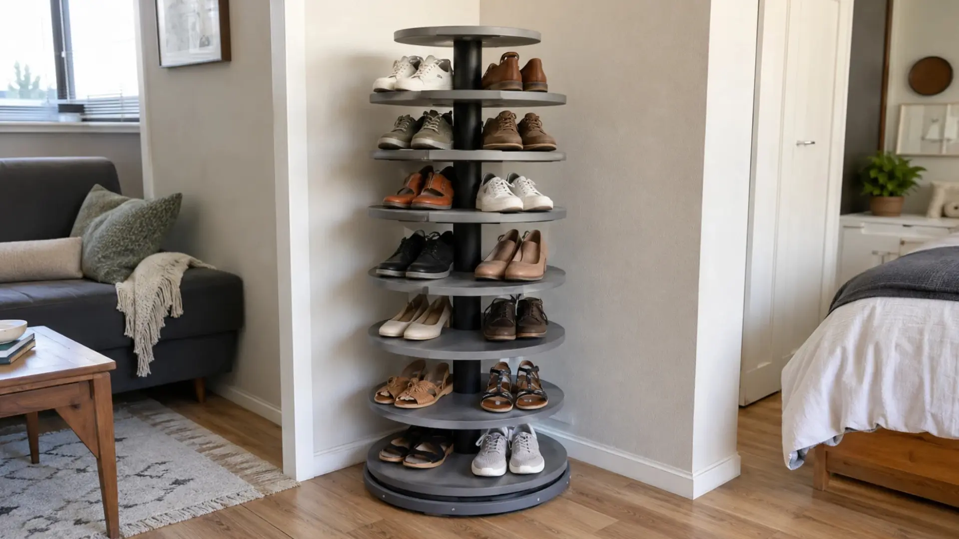 tall rotating tiered shoe rack holding sneakers sandals and flats neatly in a corner