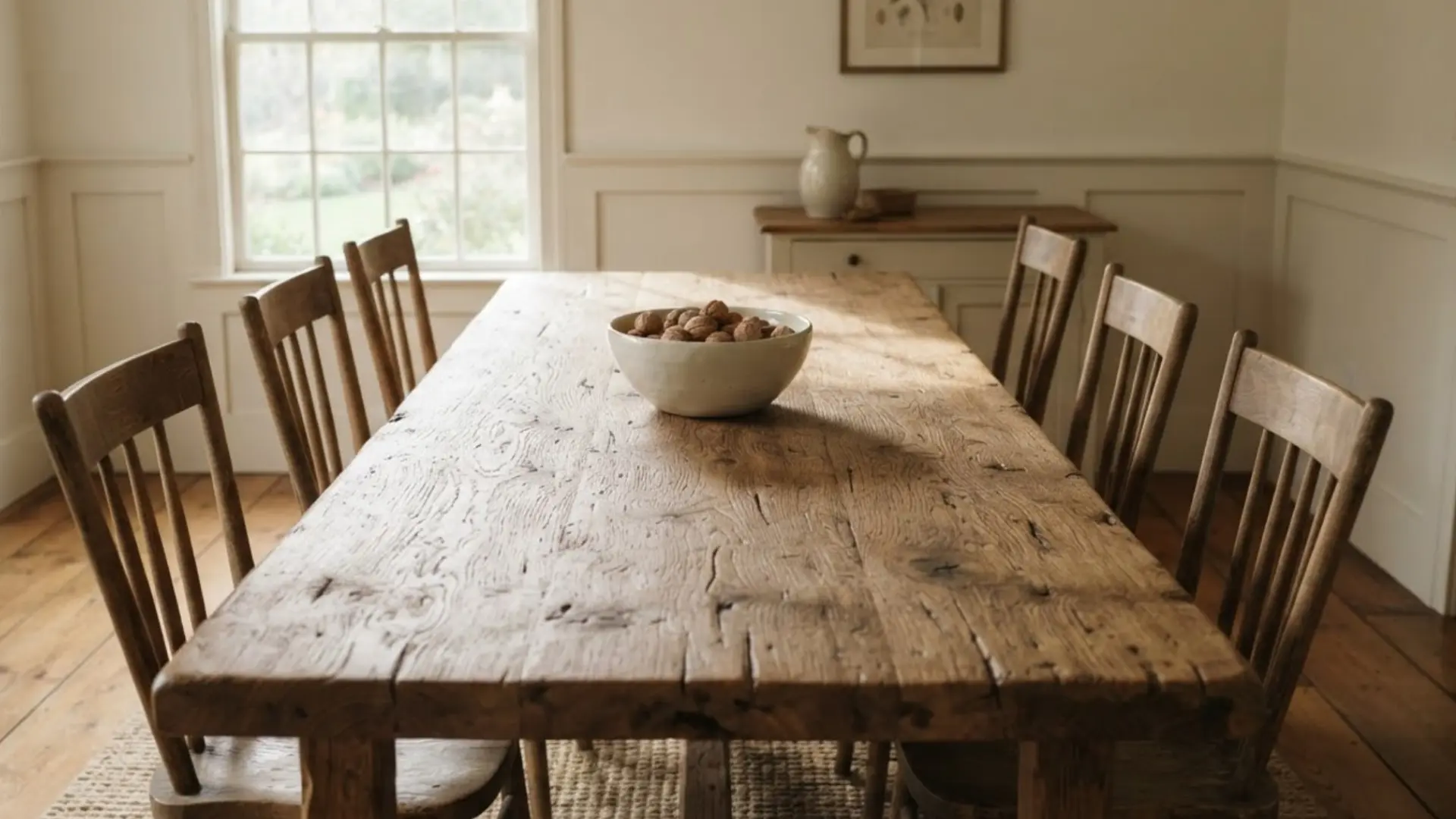 thick wood farmhouse dining table with spindle back chairs and a bowl of walnuts