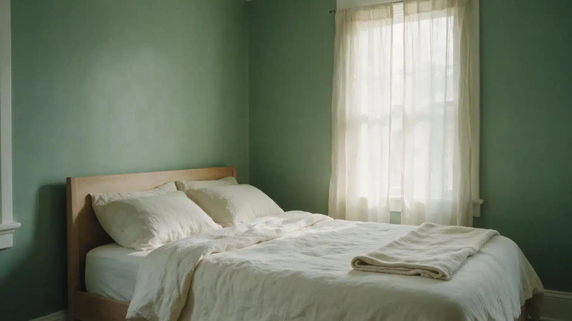 sage green painted walls behind a wood bed frame with cream linen bedding near a sheer curtain covering a sunlit window