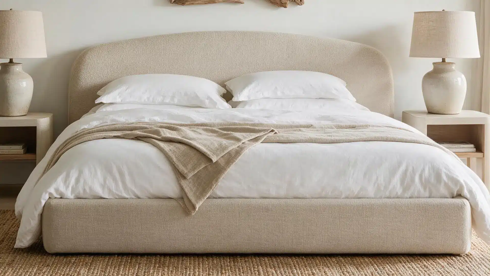 sand toned curved upholstered headboard behind a bed with white linen pillows and a folded throw blanket