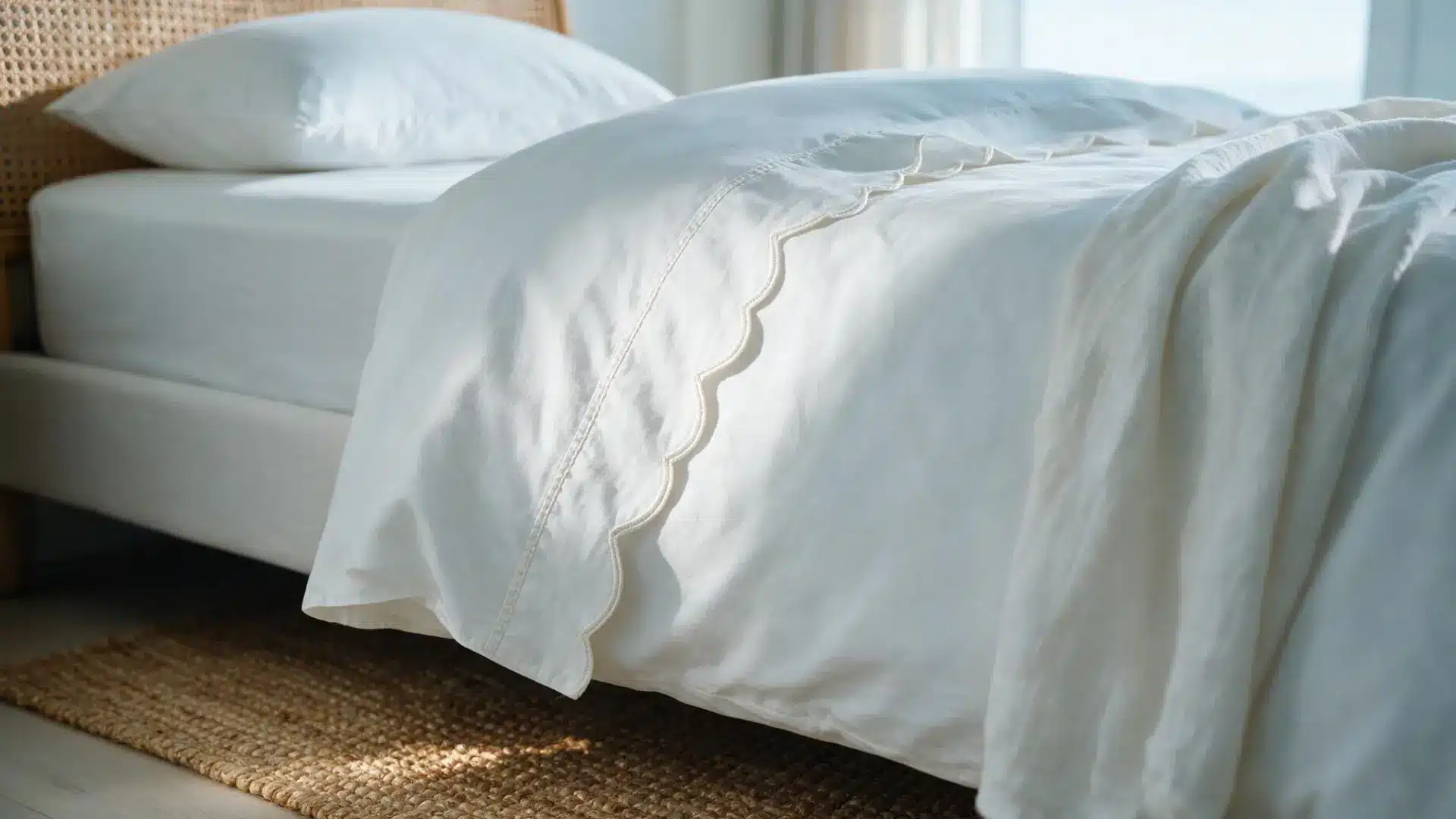 white bedding with a delicate scalloped edge detail stitched along the folded top hem of a duvet