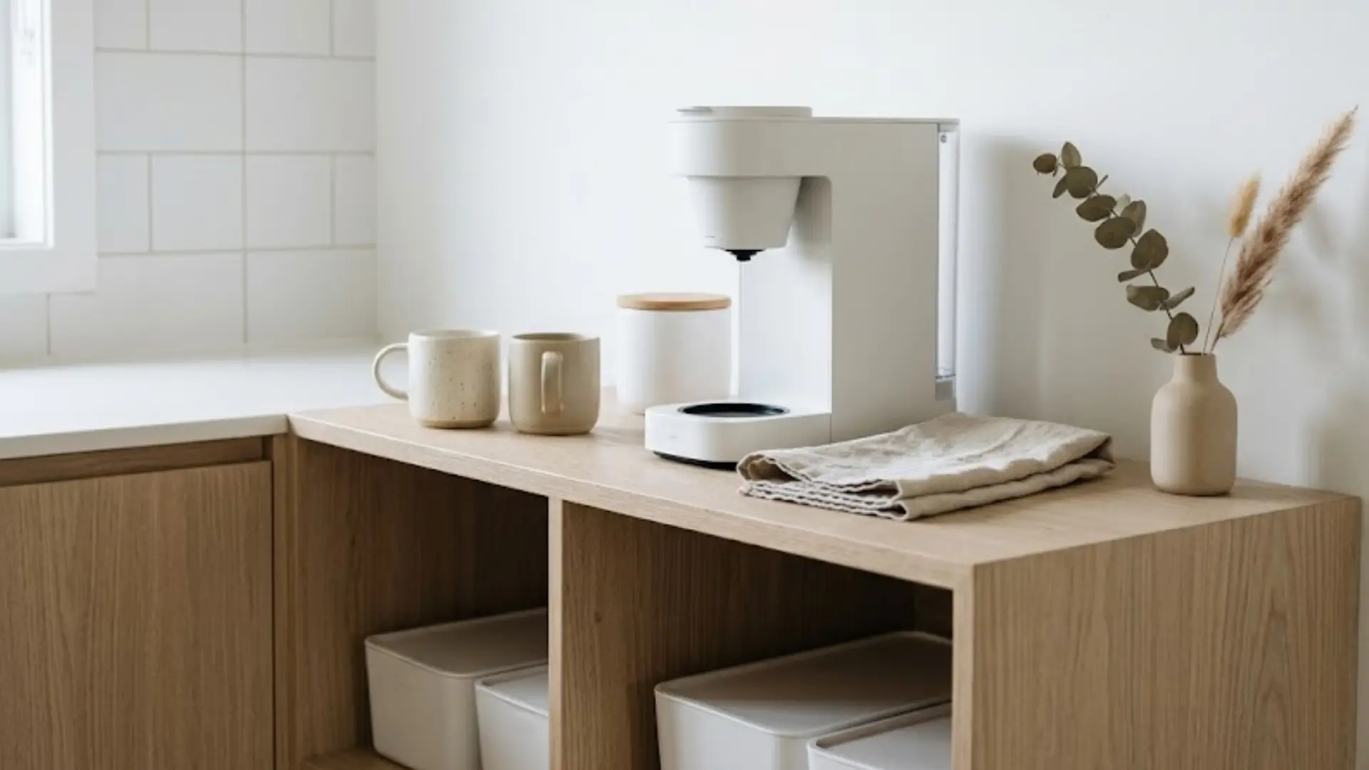 scandinavian coffee station with white coffee maker mugs canister towel and dried branches on wood counter