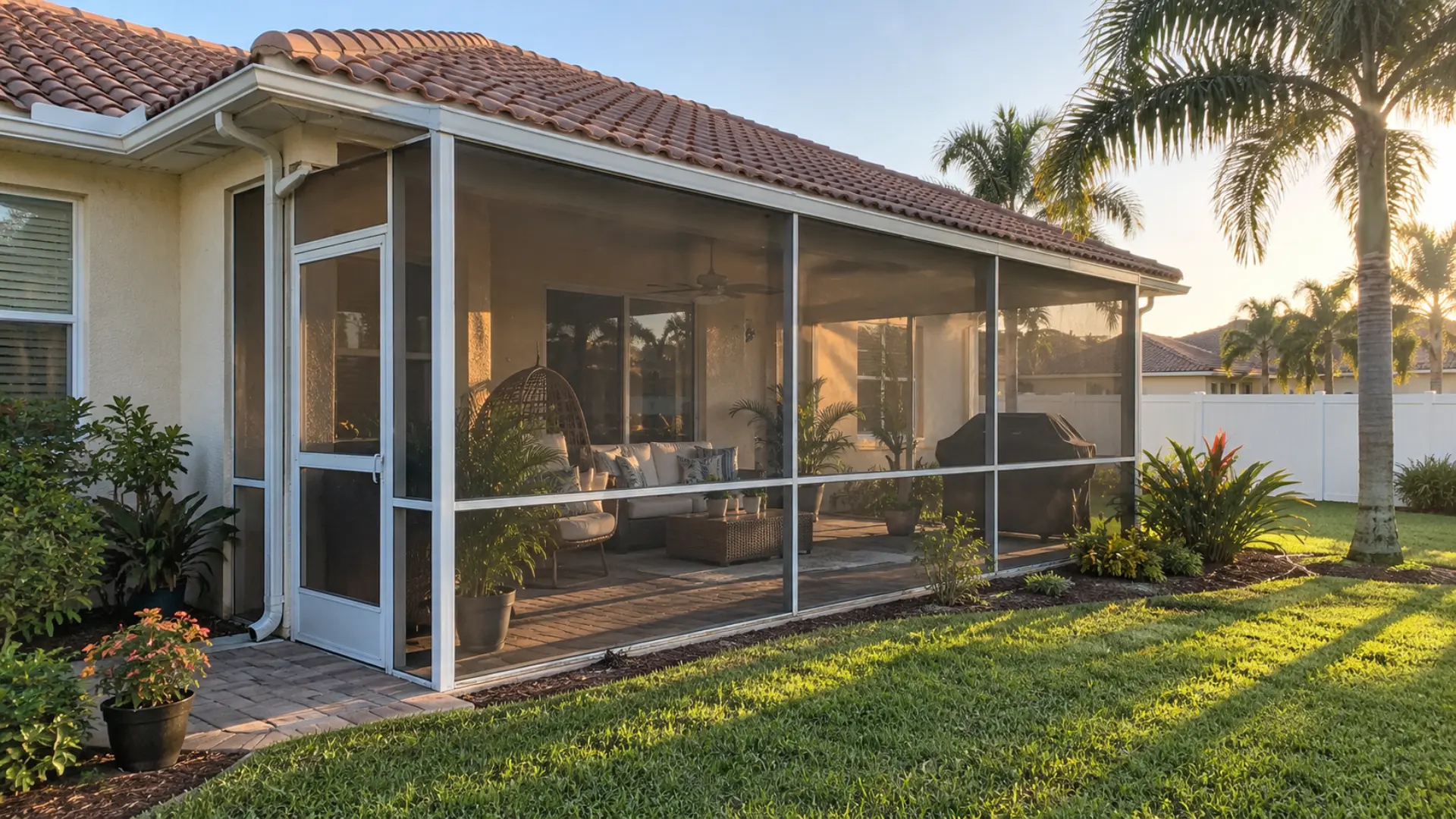 screened lanai with mesh walls, patio furniture, and grill on a florida home