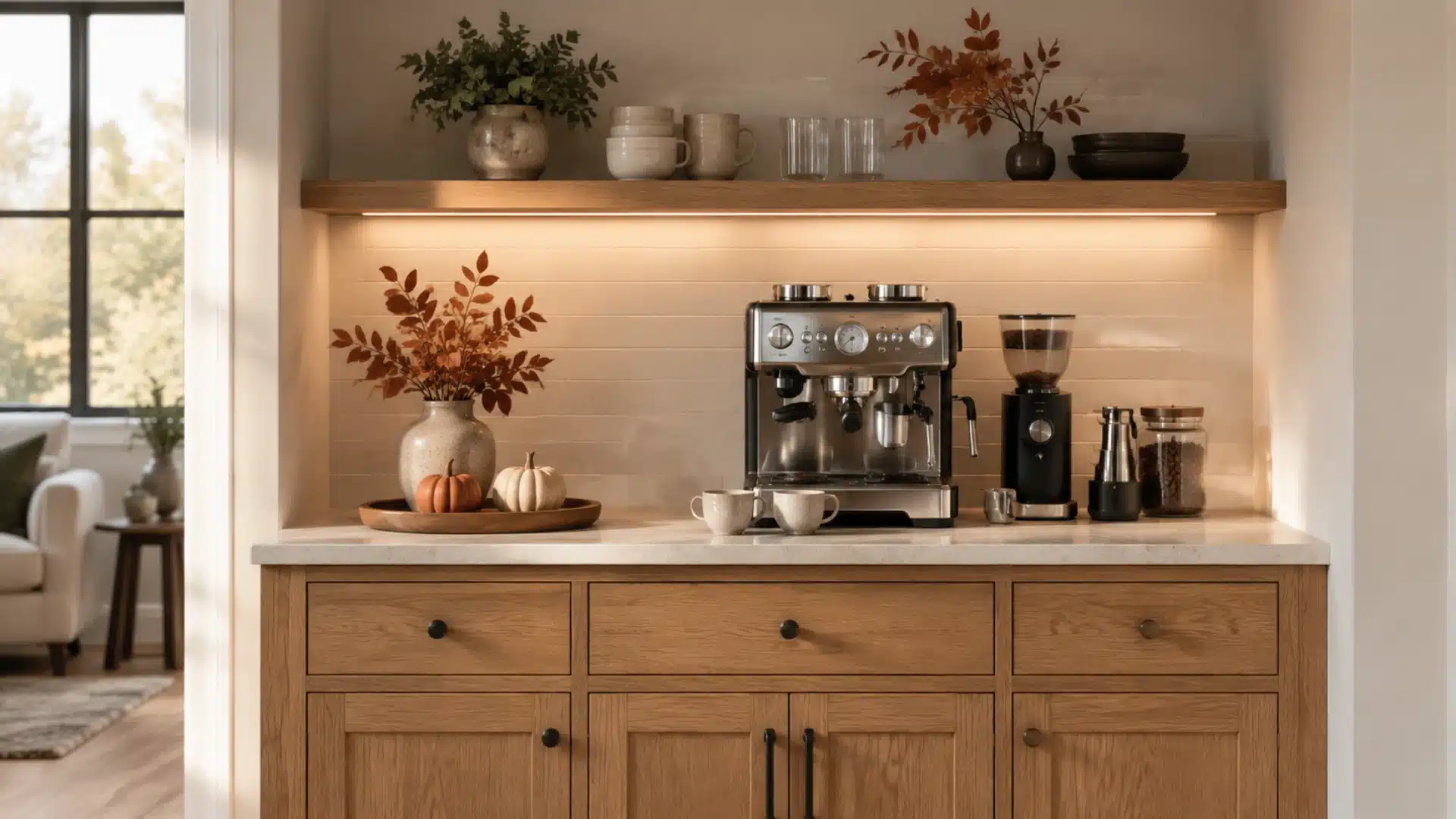 sunlit autumn coffee bar with an espresso machine, pumpkins and warm wood cabinets
