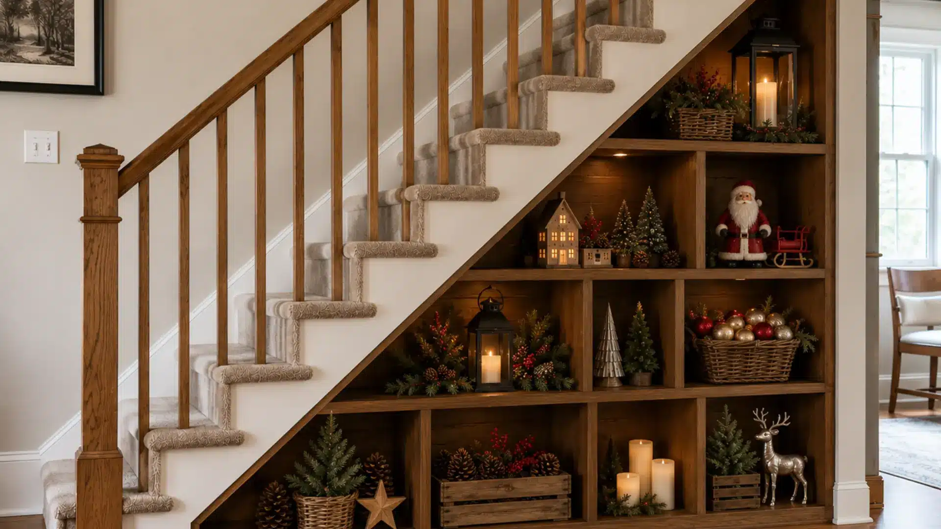 seasonal decor storage under a staircase with holiday lanterns ornaments and small trees