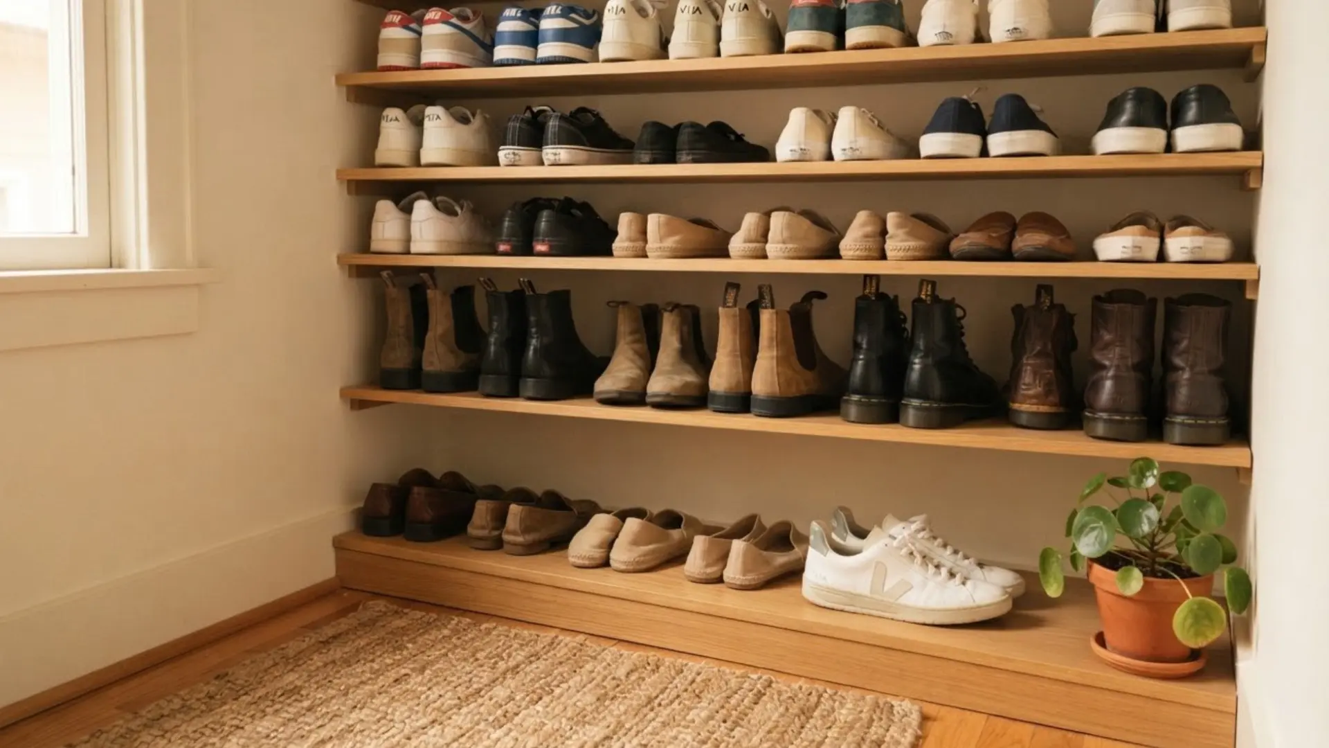 open wooden wall shelves holding rows of sneakers loafers and boots above a shoe cabinet entryway