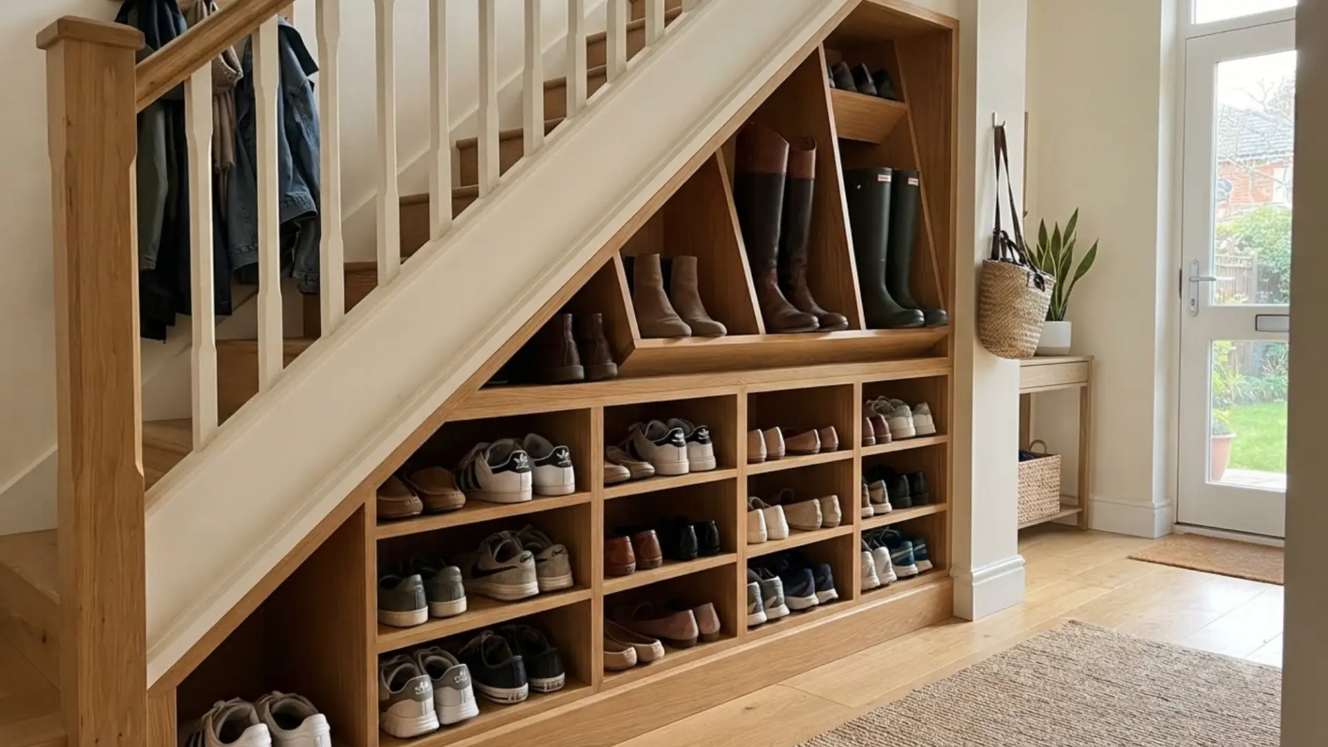 shoe storage cubbies fitted under a staircase holding sneakers, loafers, and tall rain boots neatly