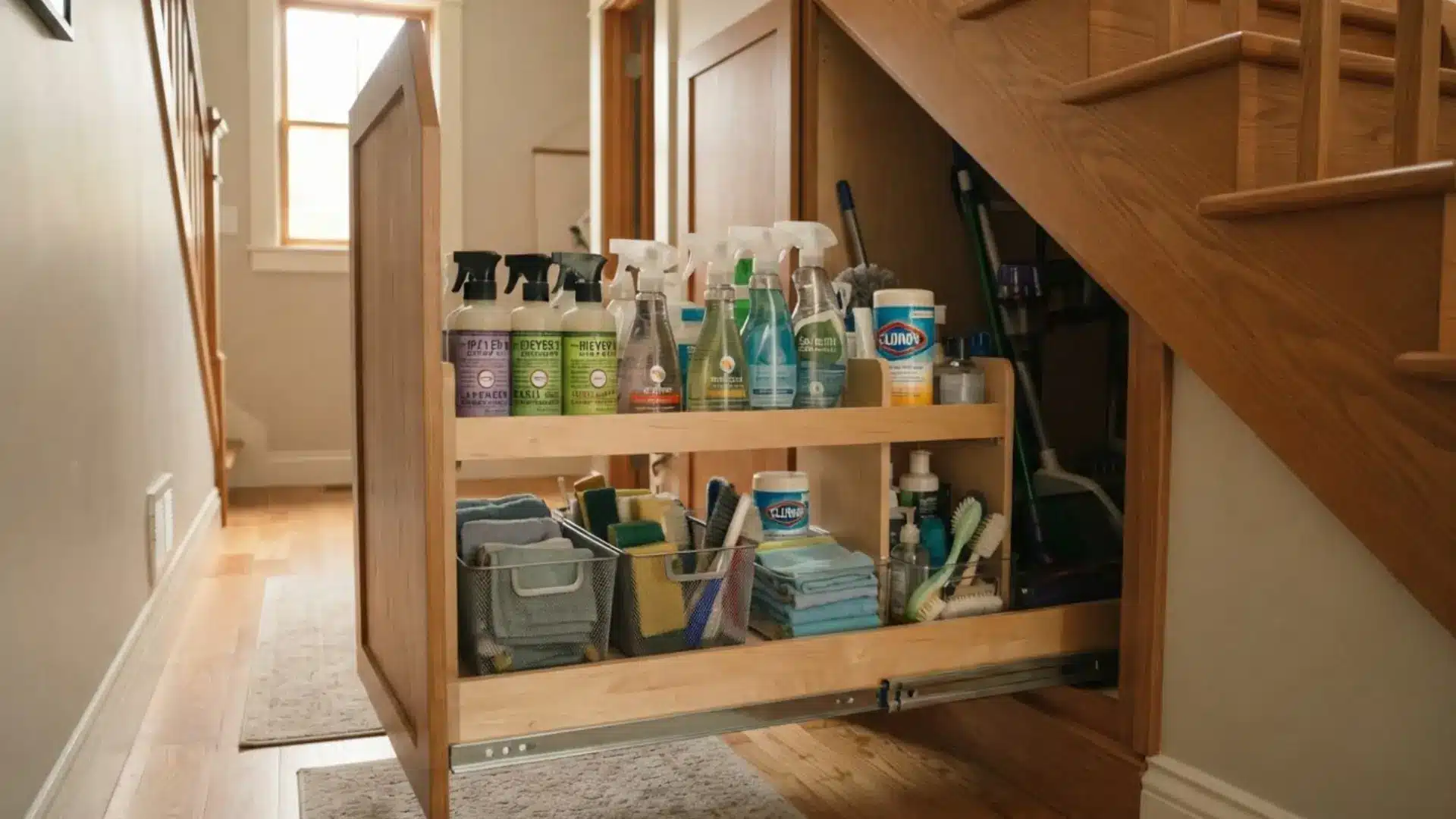 sliding pull out cabinet under a staircase holding cleaning supplies brushes towels and a mop