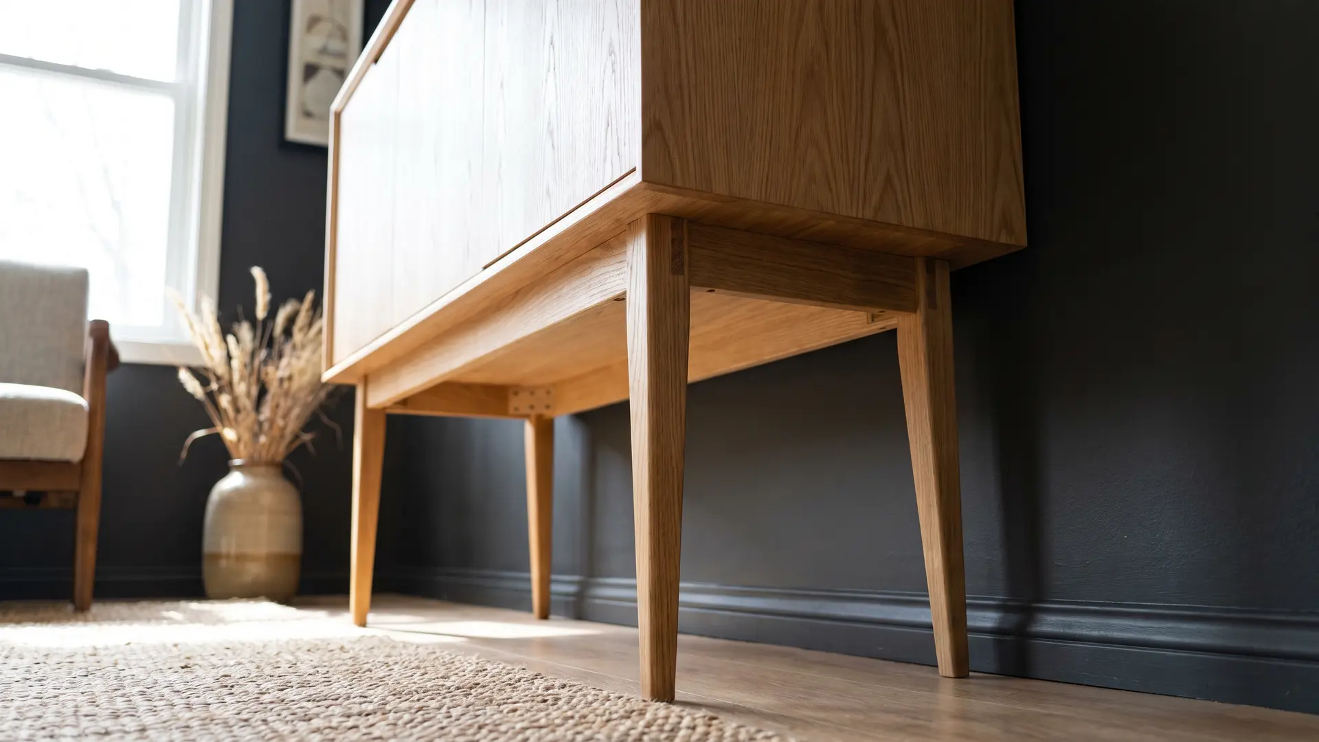 light wood dresser against a black bedroom wall with neutral decor and soft natural window light