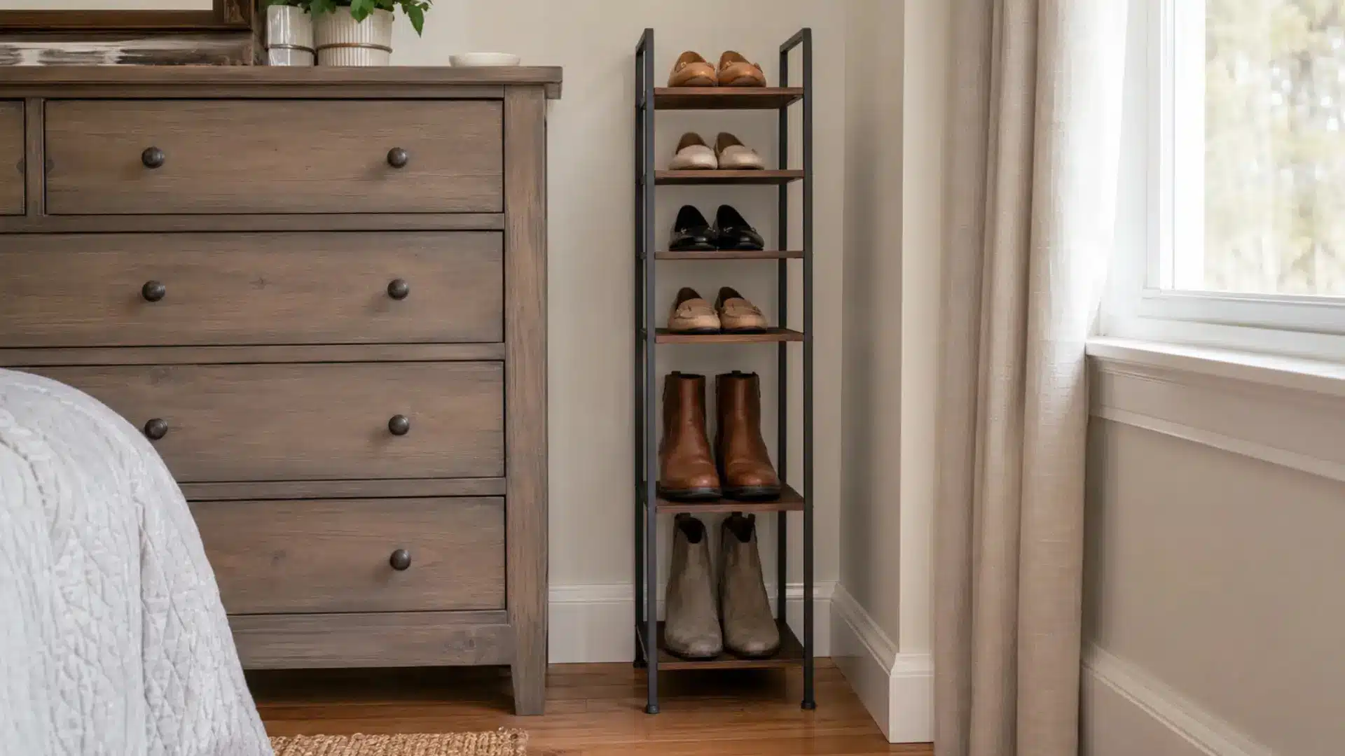 slim tall metal shoe rack with wooden shelves holding a variety of shoes and boots