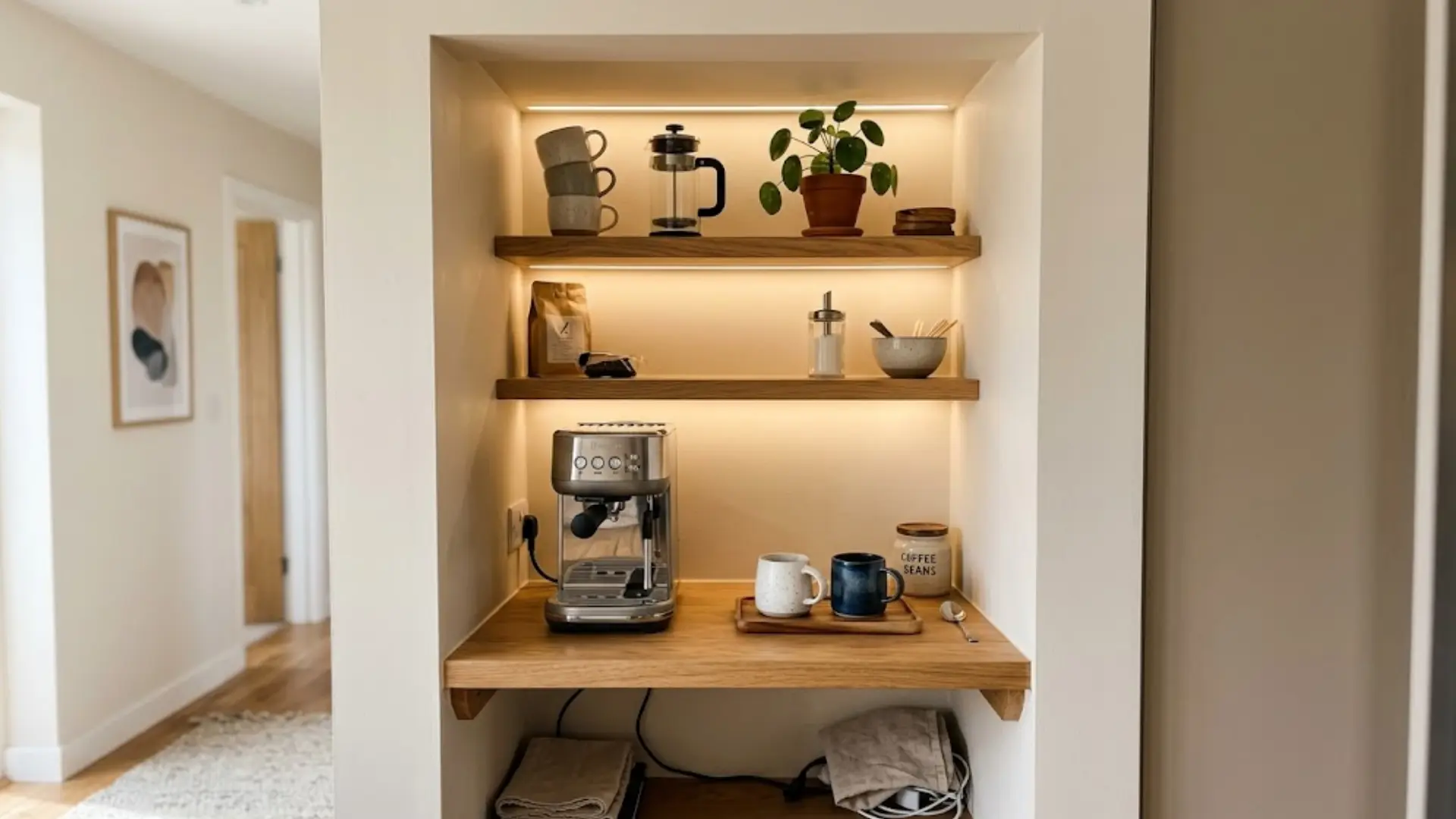 small alcove coffee nook with wood shelves espresso machine mugs french press and plant under lit shelving
