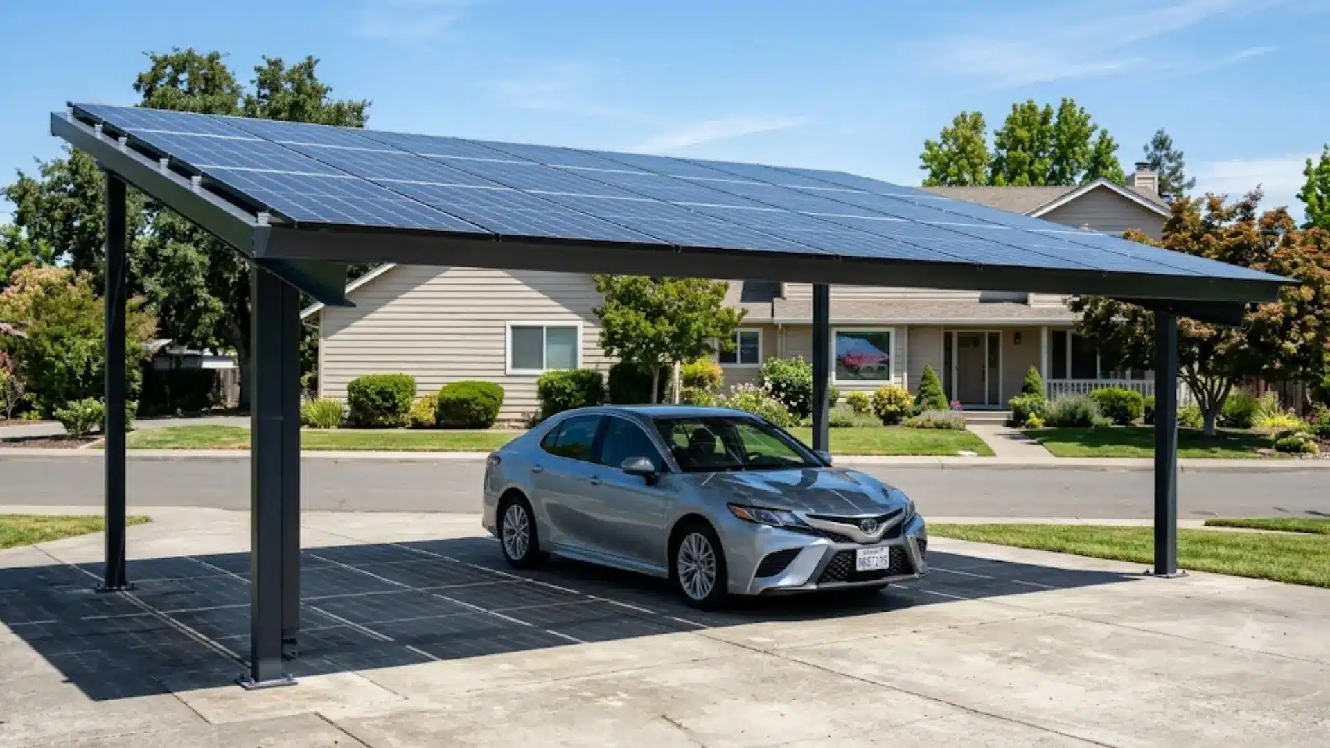 silver sedan parked under a spacious carport with a rooftop fully covered in solar panels