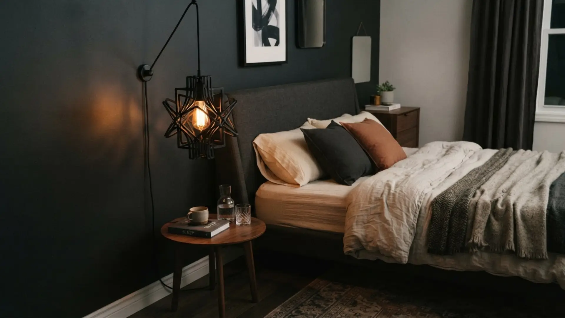 bedroom with statement pendant light, dark walls, layered bedding, and warm bedside lighting