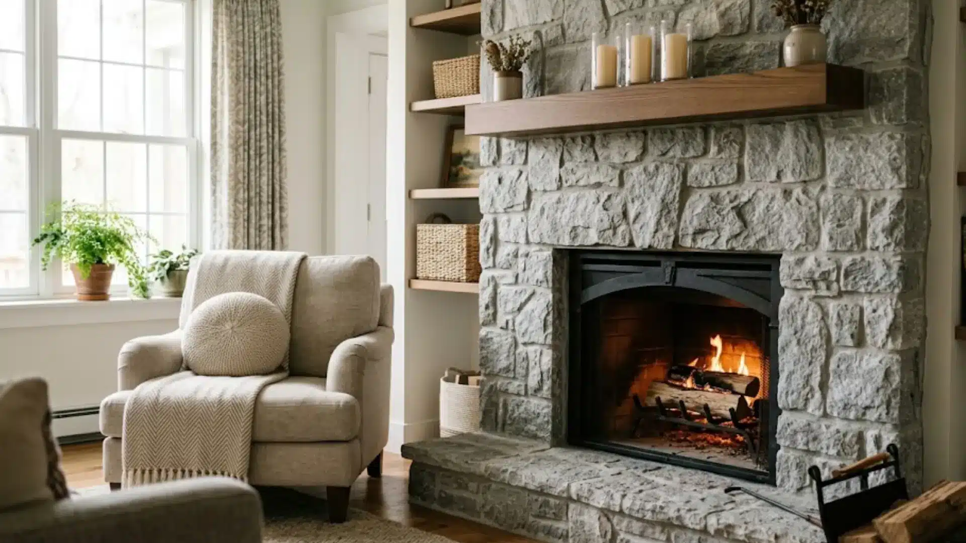 stone fireplace surround with a lit fire beside a beige upholstered armchair and throw