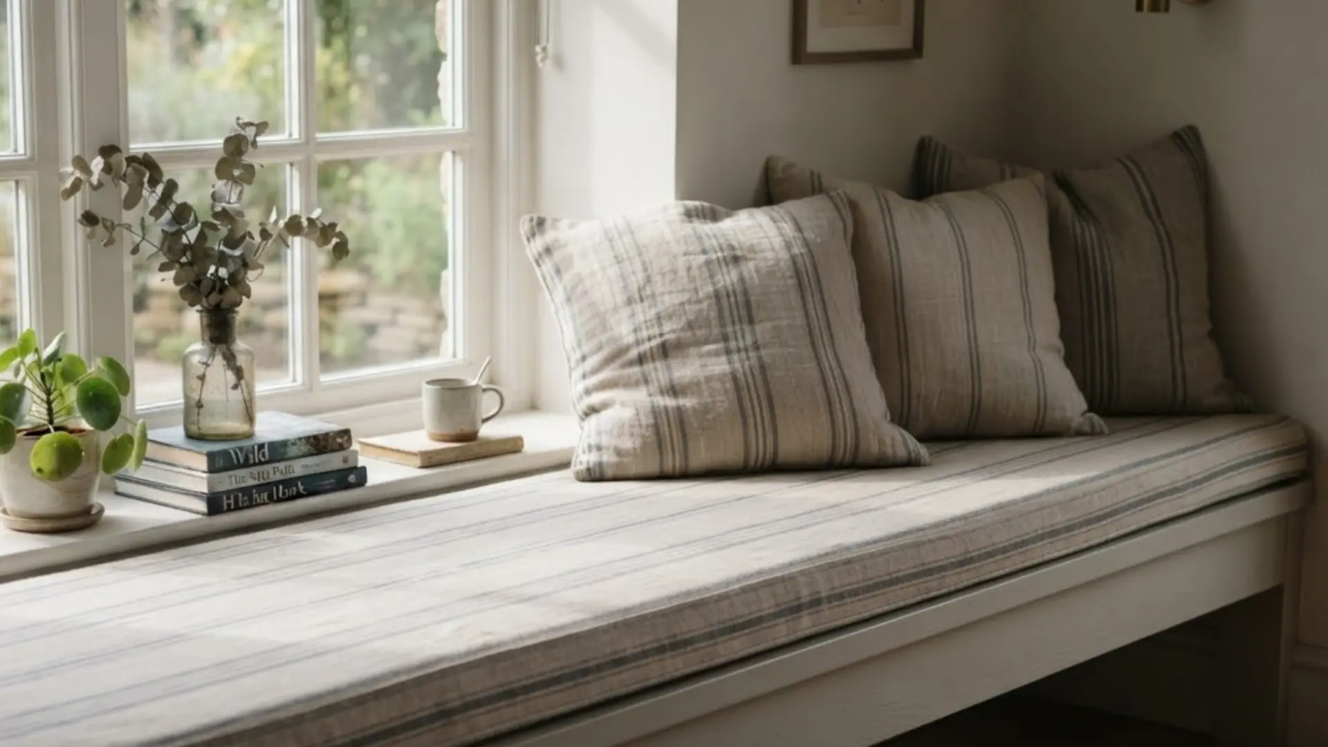 striped linen cushions in muted tones arranged together along a bright window seat