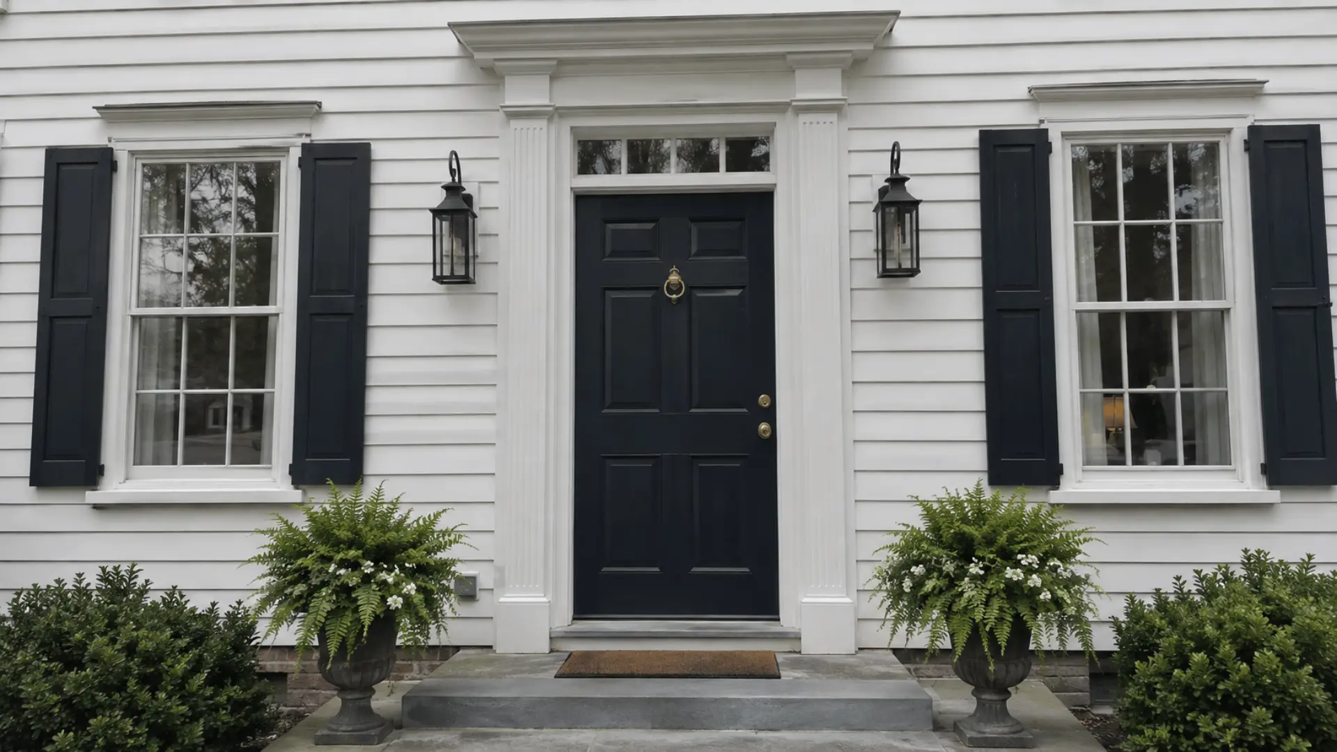 matching windows and trim spacing on either side of a colonial home's front door