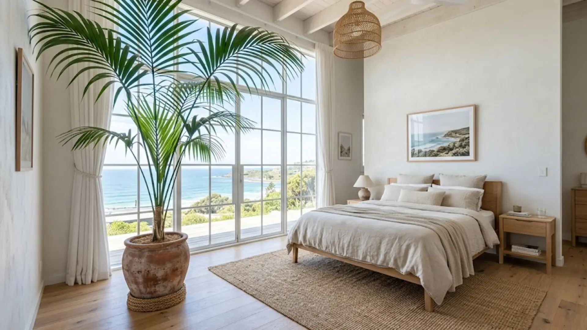 tall potted palm tree in a terracotta pot beside a large window overlooking the ocean in a bright bedroom