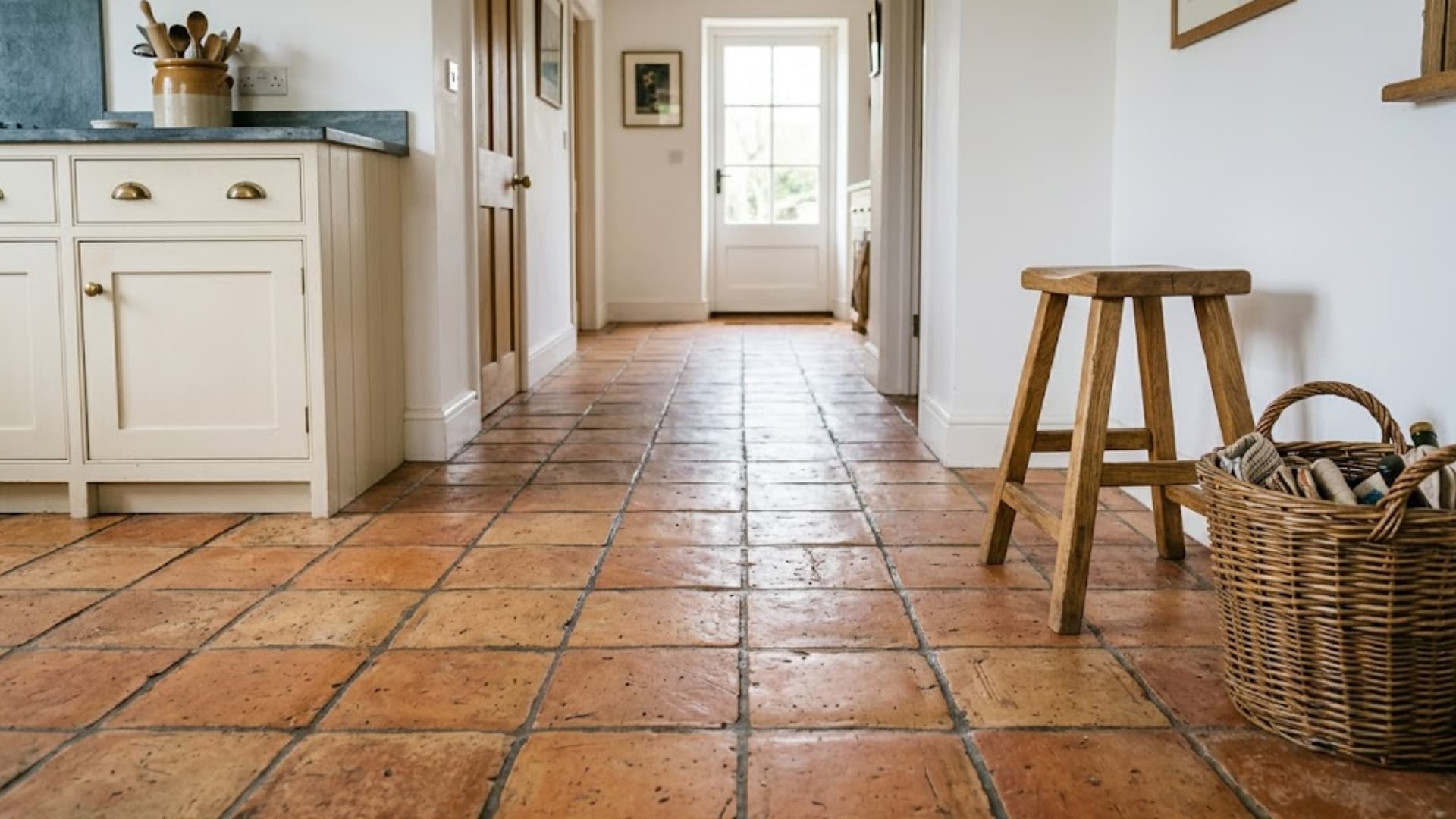 warm terracotta tile flooring running down a hallway past a wood stool and basket