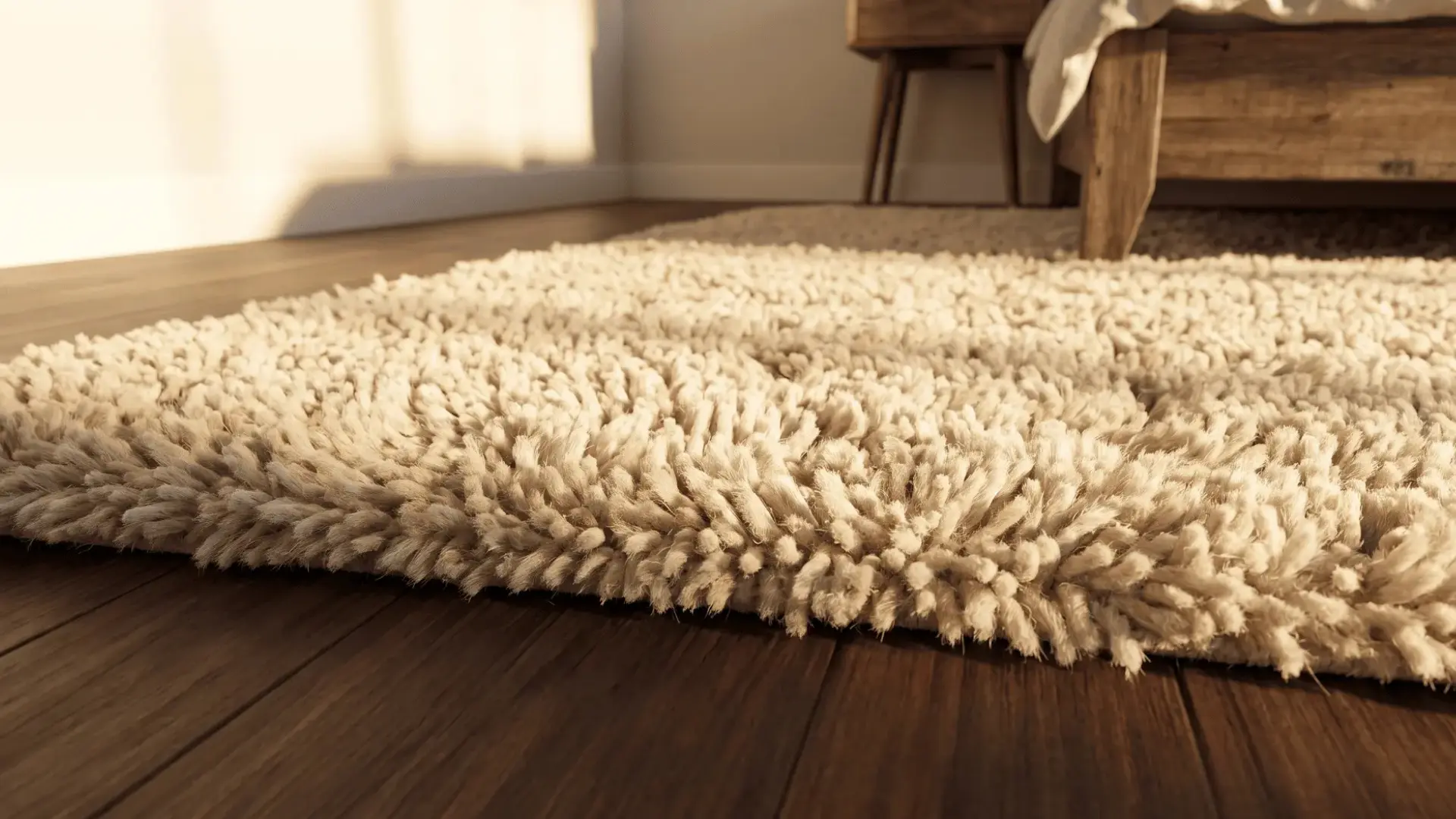 cream textured area rug on dark wood flooring beside a rustic wooden bed in warm natural light