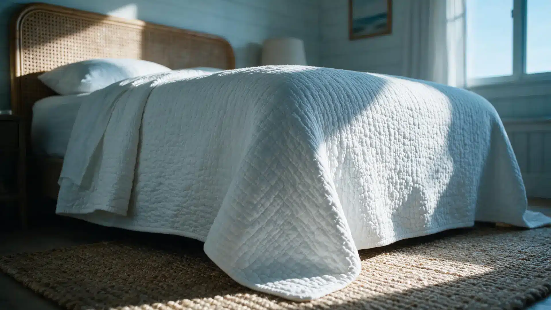 textured white matelasse coverlet on a bed with a woven rattan headboard and a jute rug in soft afternoon sunlight