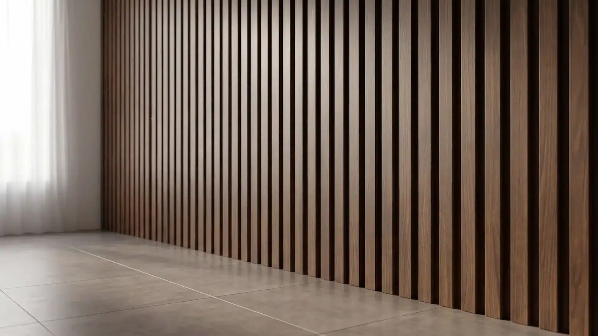dark wood slat wall with vertical paneling, neutral flooring, and soft natural window light