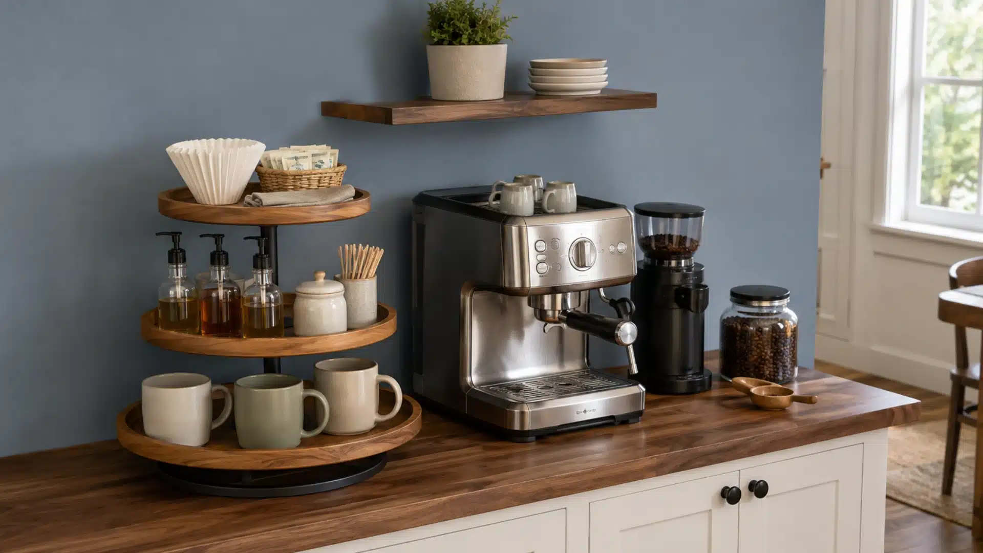 tiered wood stand with mugs filters and syrups beside espresso machine and grinder on wood counter
