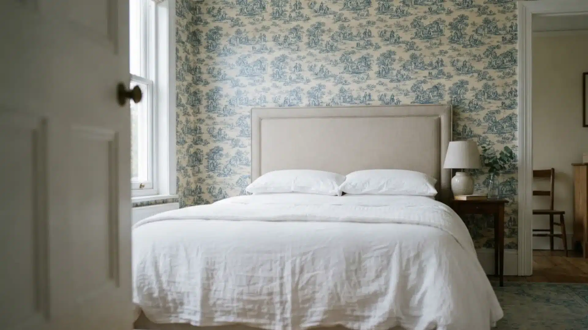 blue and cream toile wallpaper behind a bed with a neutral headboard and white linen bedding