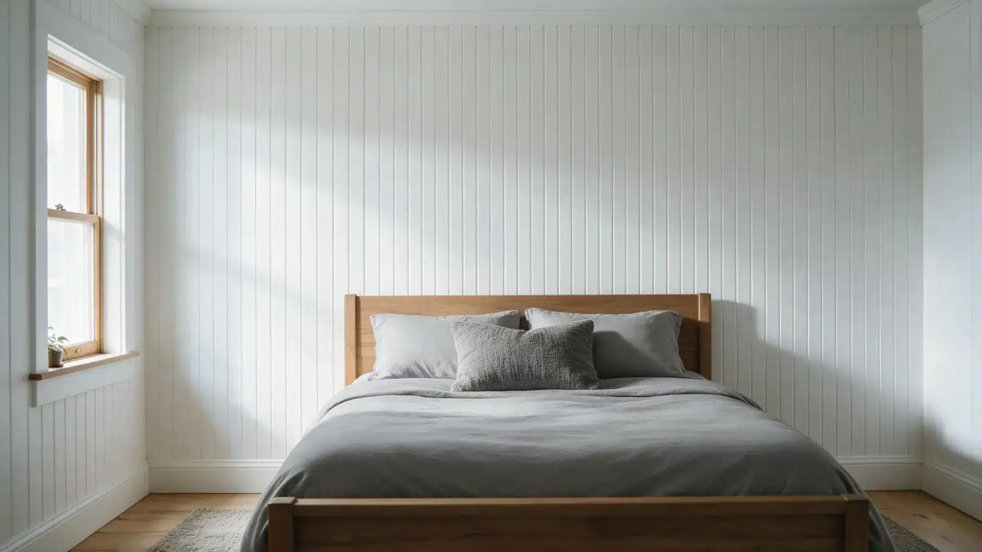 white tongue and groove wood paneled wall behind a wood bed frame with soft gray linen bedding near a sunlit window