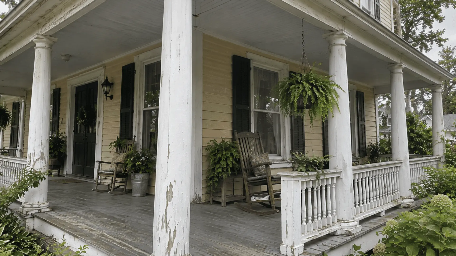 close-up of a wraparound veranda corner with wood flooring and white railings