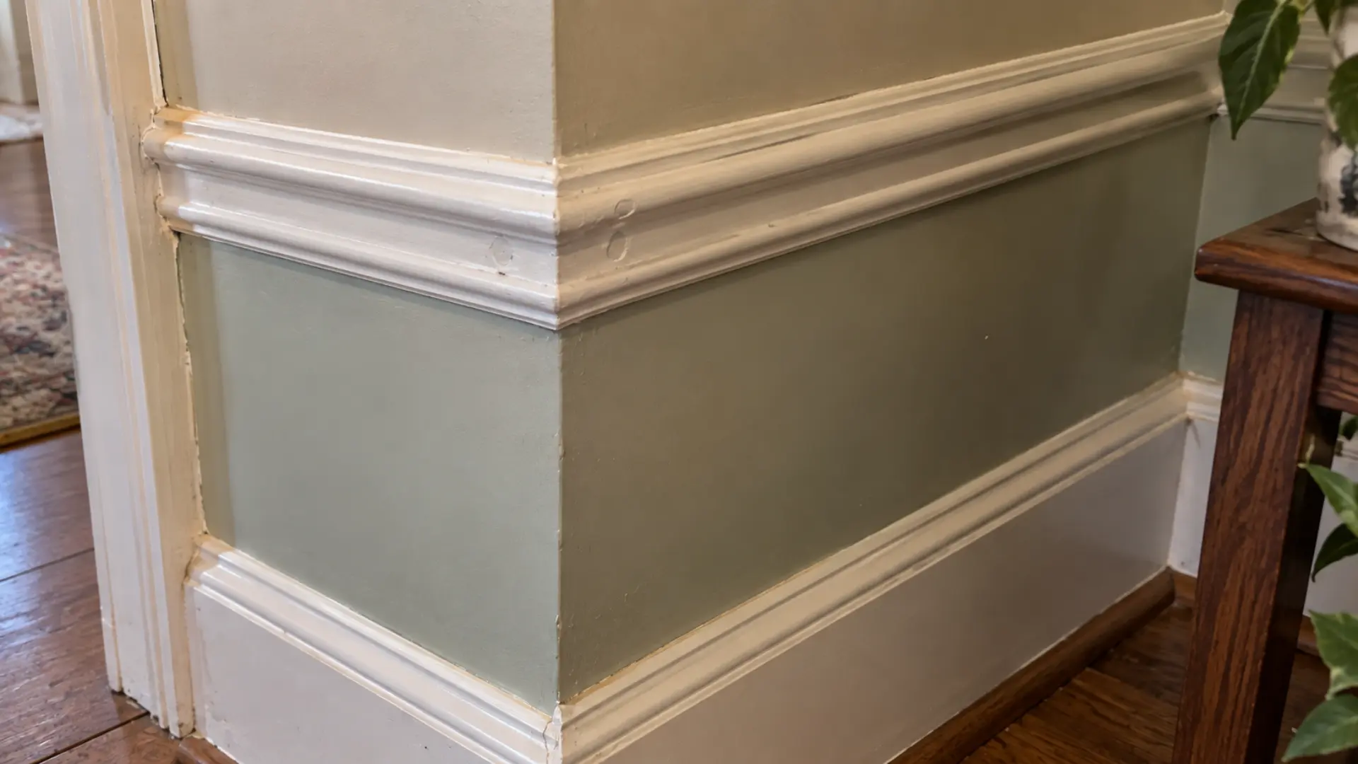 close-up of baseboard and chair rail meeting at a colonial interior corner
