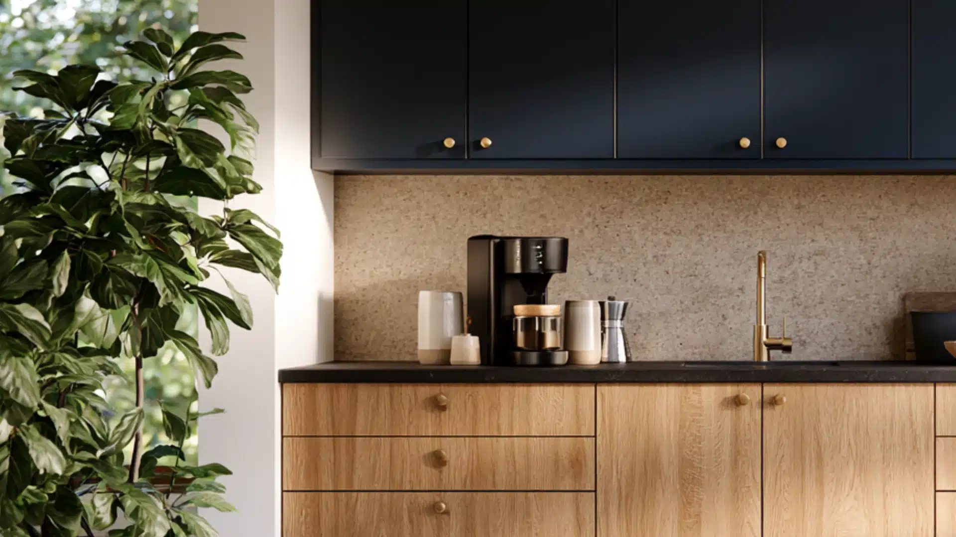 two-tone navy and oak cabinetry combination in a contrasting coffee bar design with a plant nearby