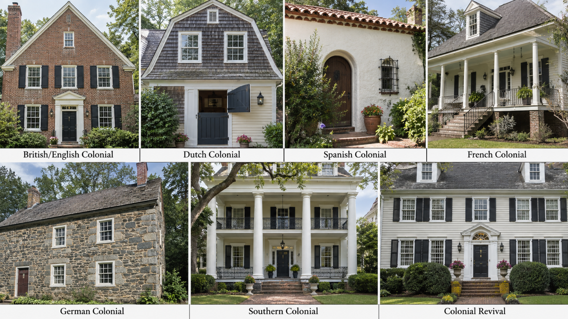 comparison grid showing distinct exterior details of seven colonial house styles