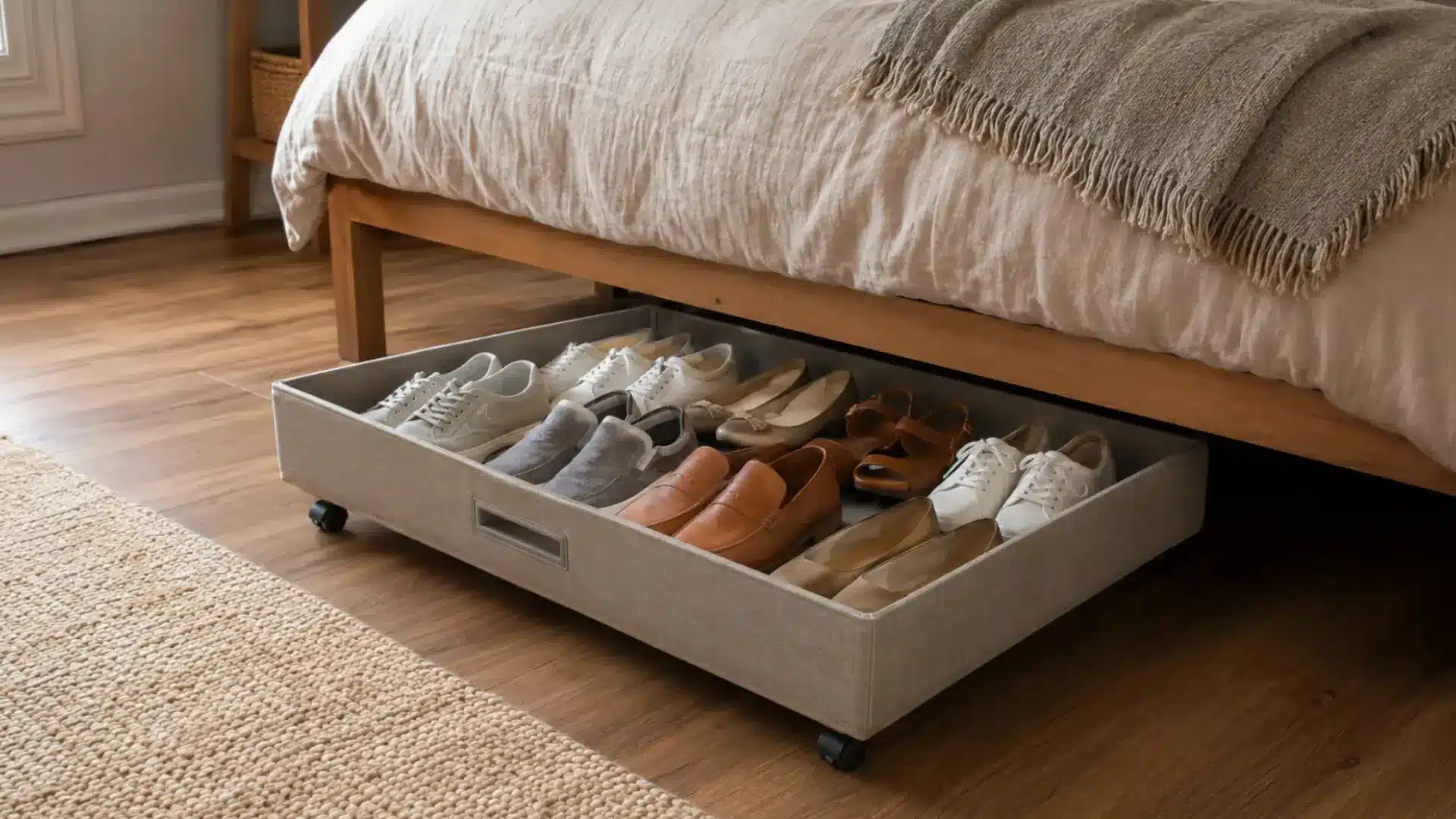 rolling fabric storage bin on wheels filled with sneakers loafers and flats tucked neatly under bed