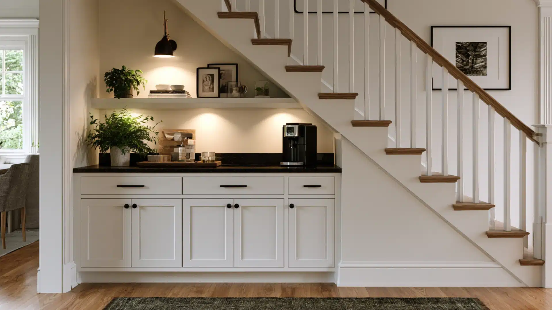 under stair coffee bar with white cabinets black countertop coffee maker open shelf plants and hanging pendant light