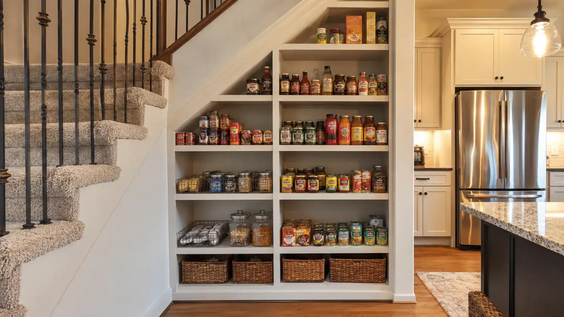 open shelving pantry under a staircase stocked with jars, cans, and rows of woven baskets