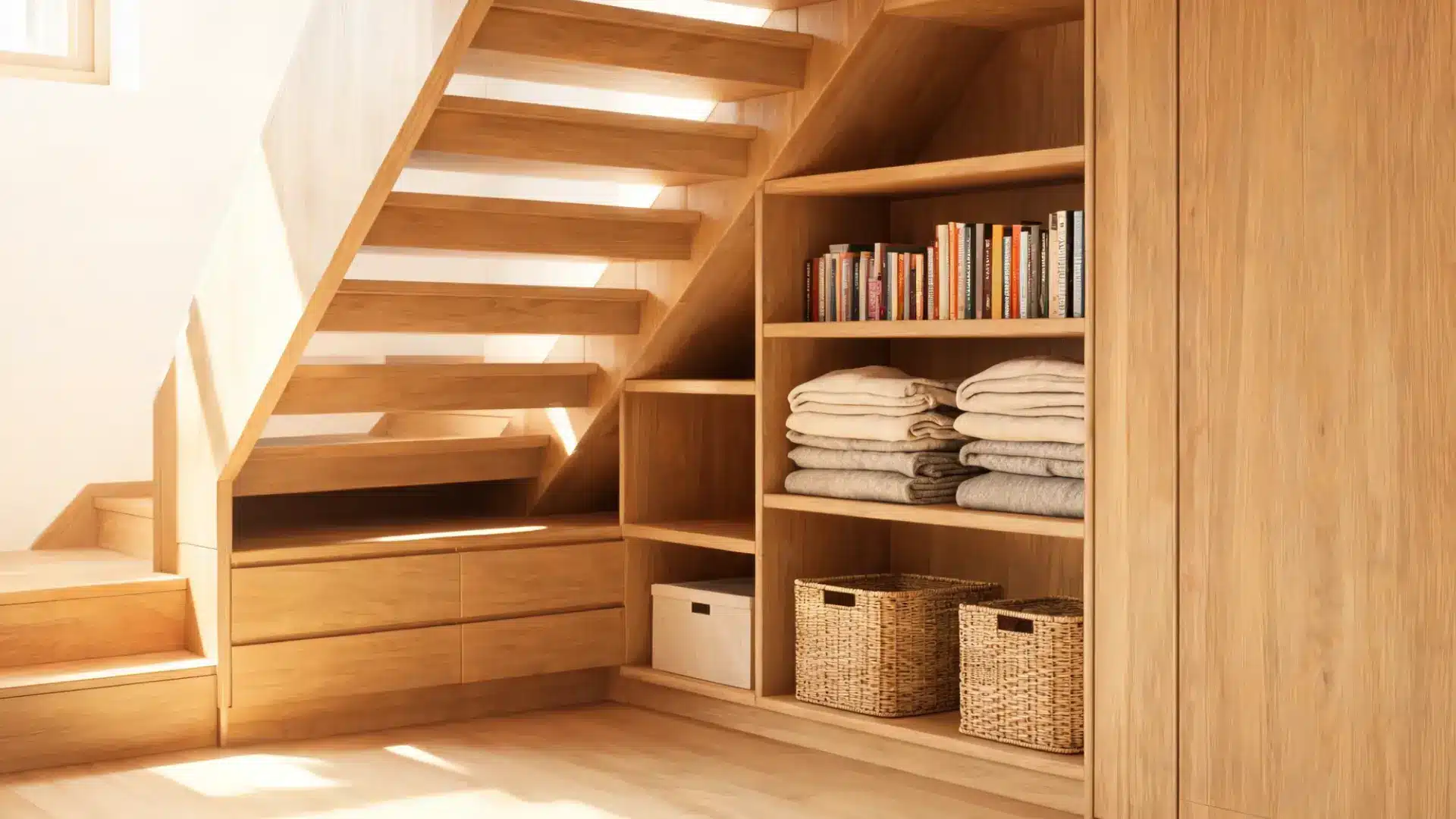 wooden under stairs storage with open shelves holding books folded linens and woven baskets