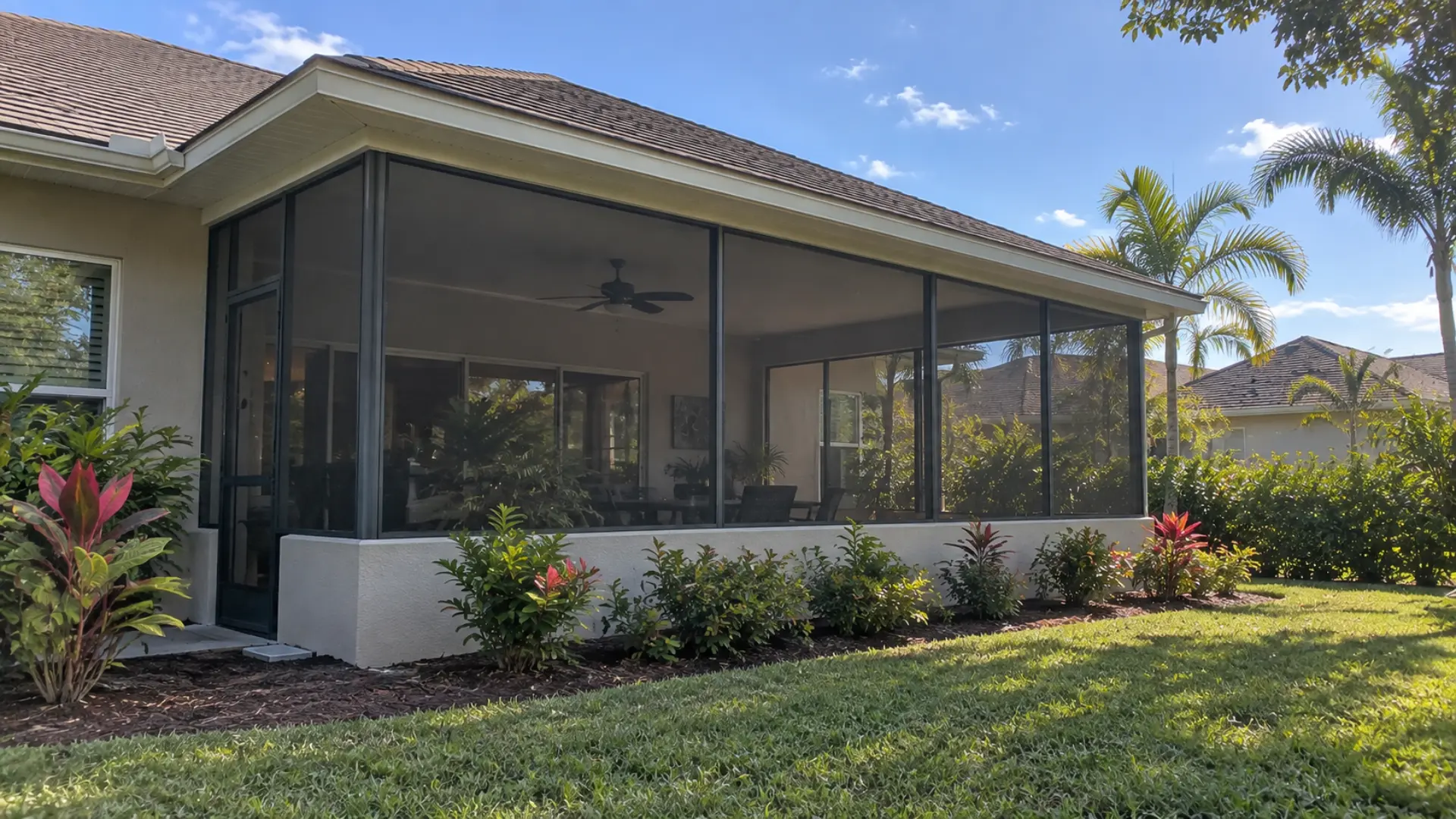 under-truss lanai sharing the home's roofline with screened walls and a knee wall