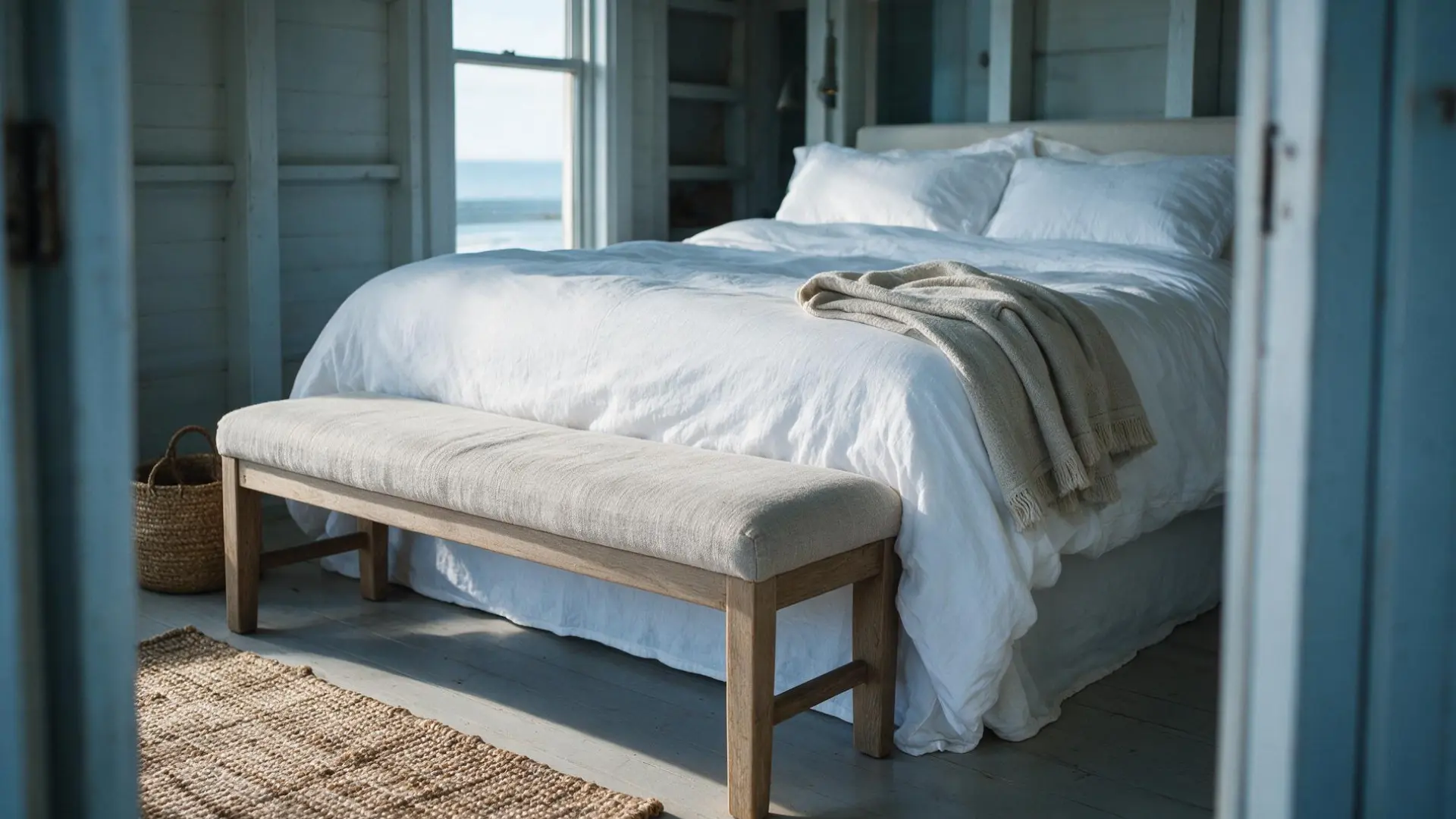 linen upholstered wood bench at the foot of a bed with white bedding and a folded knit throw blanket