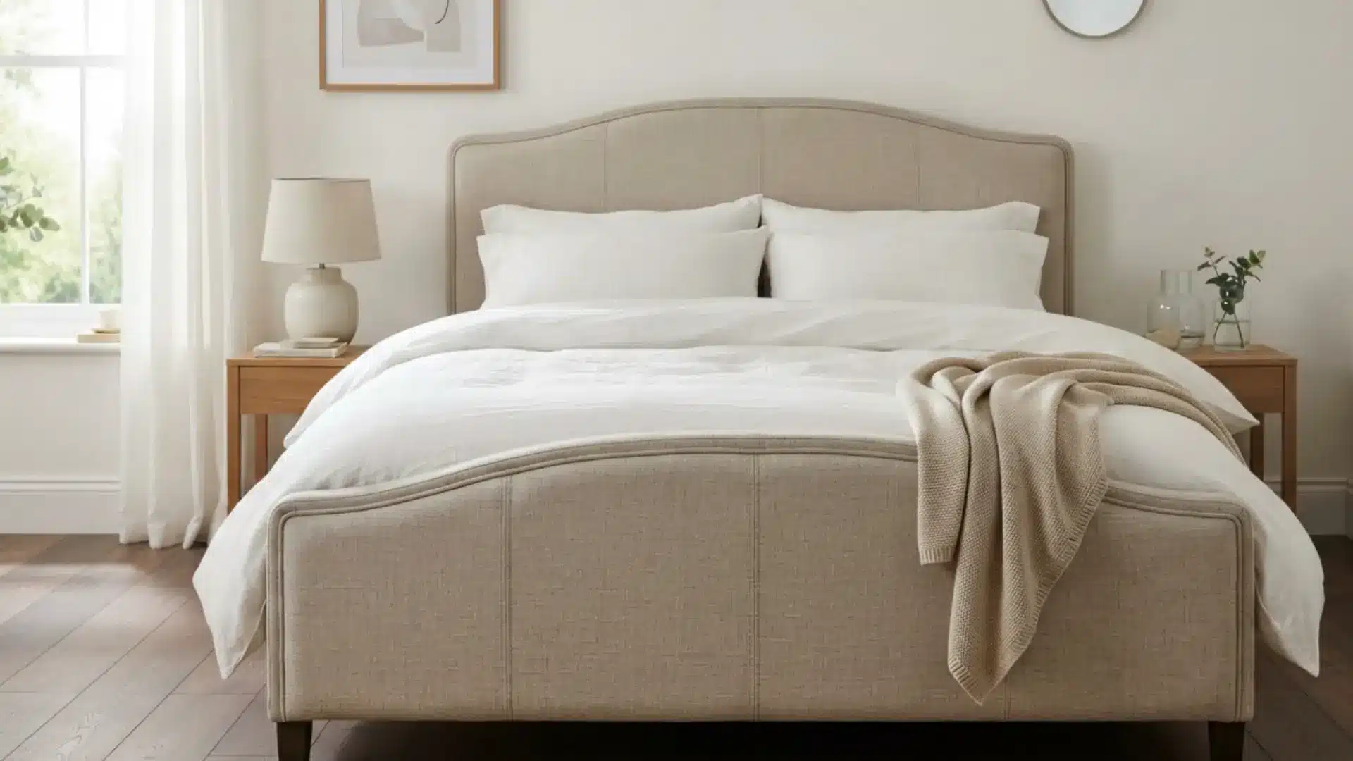 beige upholstered bed frame with a curved headboard and a neatly folded knit throw blanket