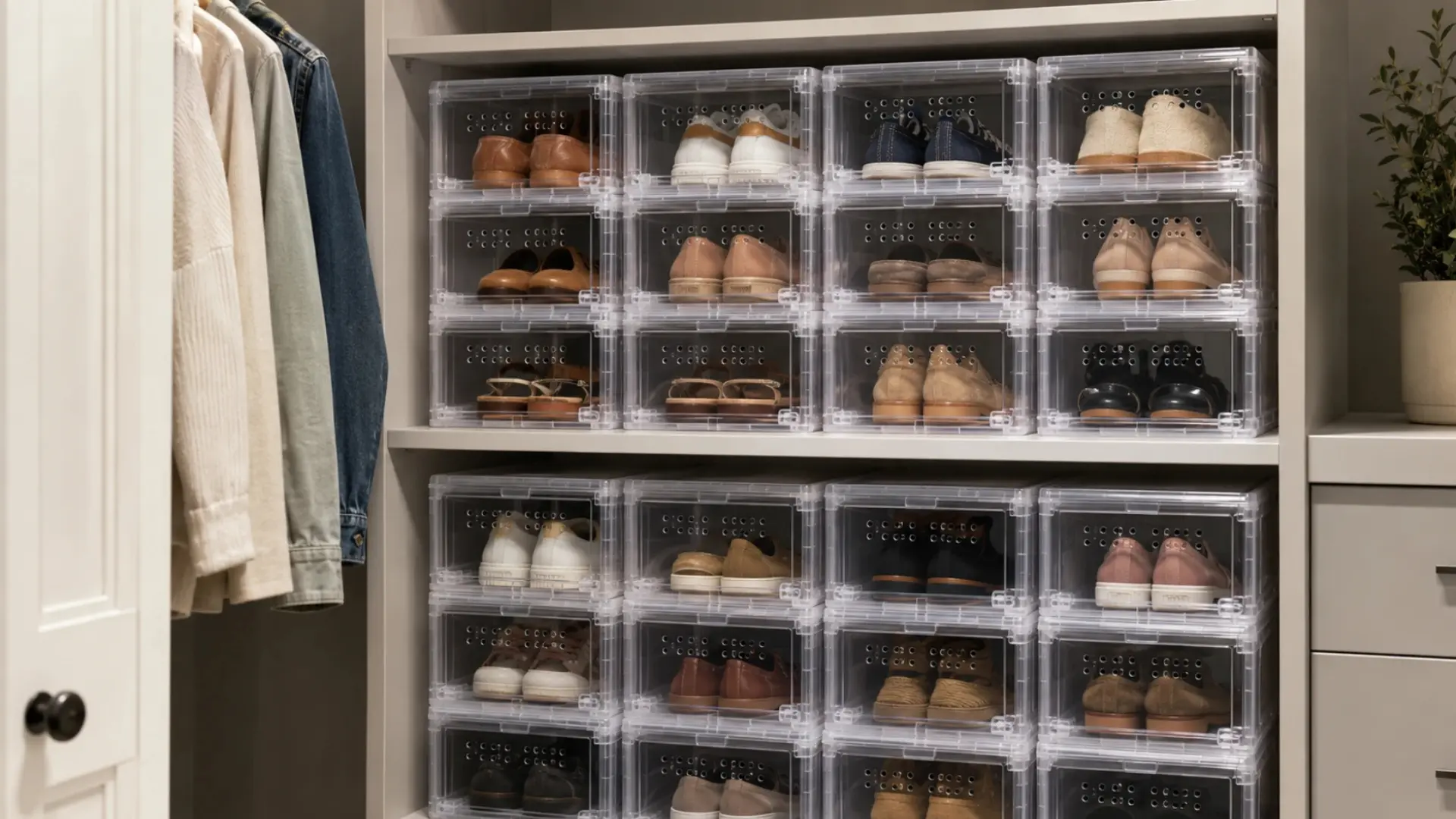 stacked clear vented plastic shoe boxes neatly storing sneakers flats and sandals on shelves