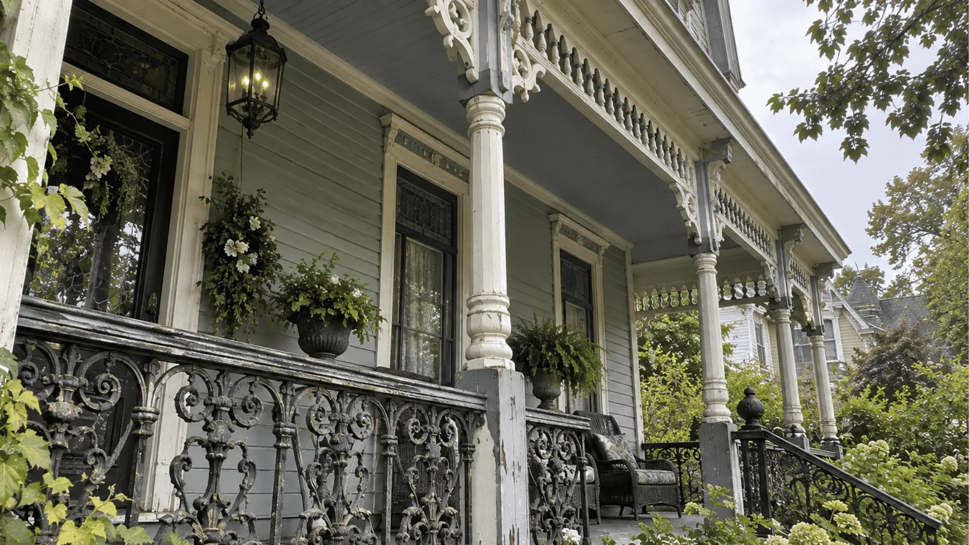 close-up of ornate ironwork and wooden trim on a victorian-style veranda