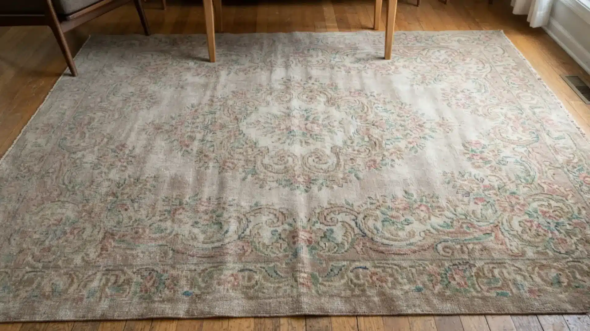 faded floral and scroll patterned rug in soft muted tones spread across a warm light wood floor