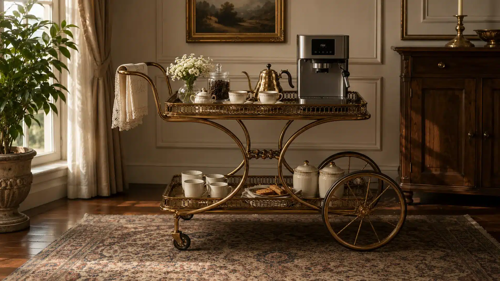 vintage brass bar cart coffee bar with espresso machine kettle mugs jars and flowers on patterned rug